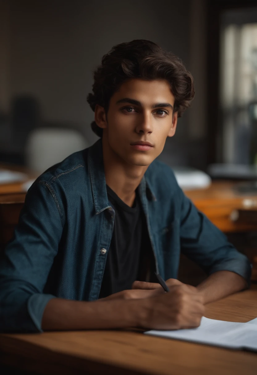 Sexe masculin jeune, cheveux noirs courts, Haut, petit nez, dark brown eyes, Sharp glance at the camera, tired expression, environnement scolaire assis sur un bureau