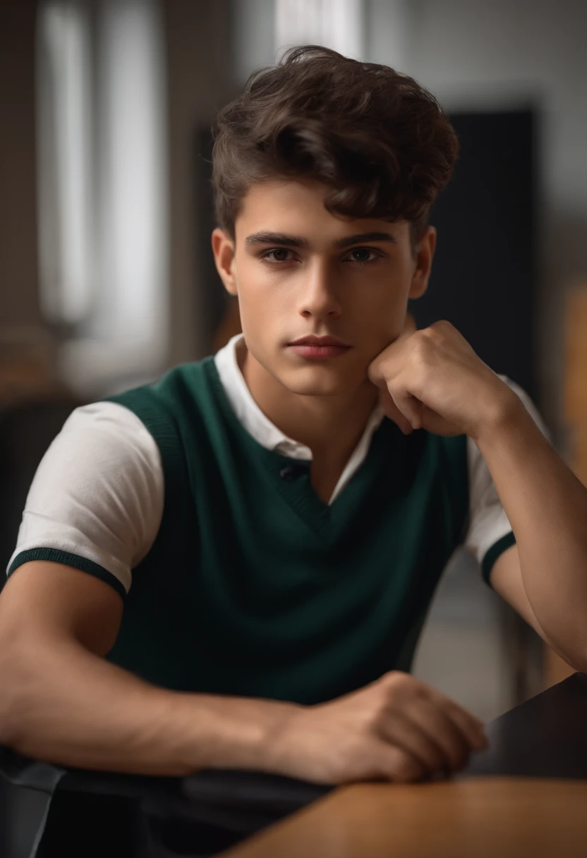 Sexe masculin jeune, cheveux noirs courts, Haut, petit nez, dark brown eyes, Sharp glance at the camera, tired expression, environnement scolaire assis sur un bureau