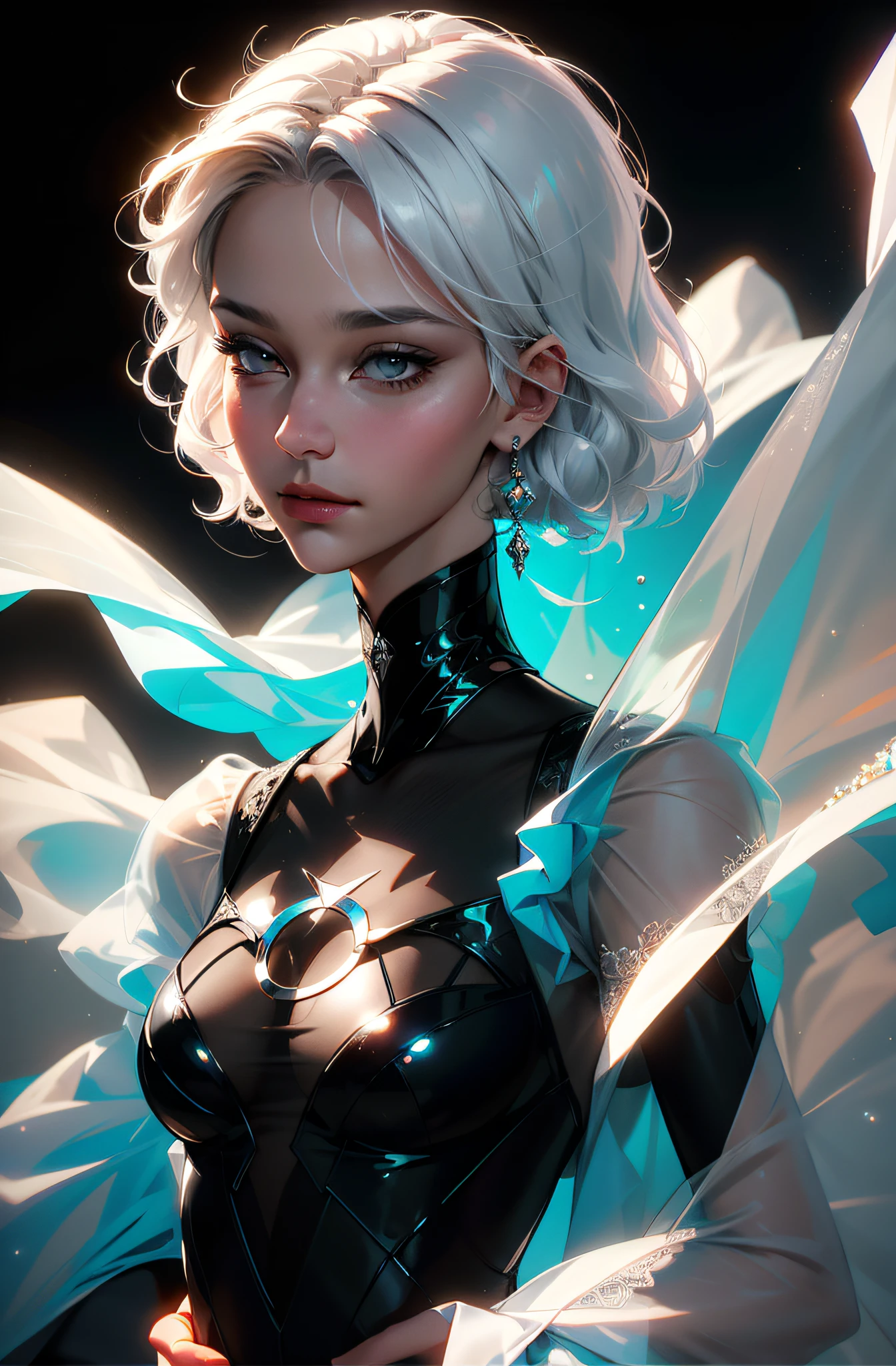 Highest Quality, Perfect masterpiece, perfect work, Official work, 8K, (upper-body: 1.3), (side: 1.5)), a closeup of a, gentle face, 17 yr old, Gray-haired girl, (white colored hair: 1.5), Medium and short hair, ((White transparent eyes: 1.2)), (whitedress: 1.2), (Sheer clothing: 1.2), (Black background: 1.3), The Pearl Illusion, ciberpunk, Fashion trend, Материал 3s, HD, Granularity of performance, c4d, ..3d, Octane rendering, Ray Tracing, intricate detials, Animated lighting, OCrenderer,