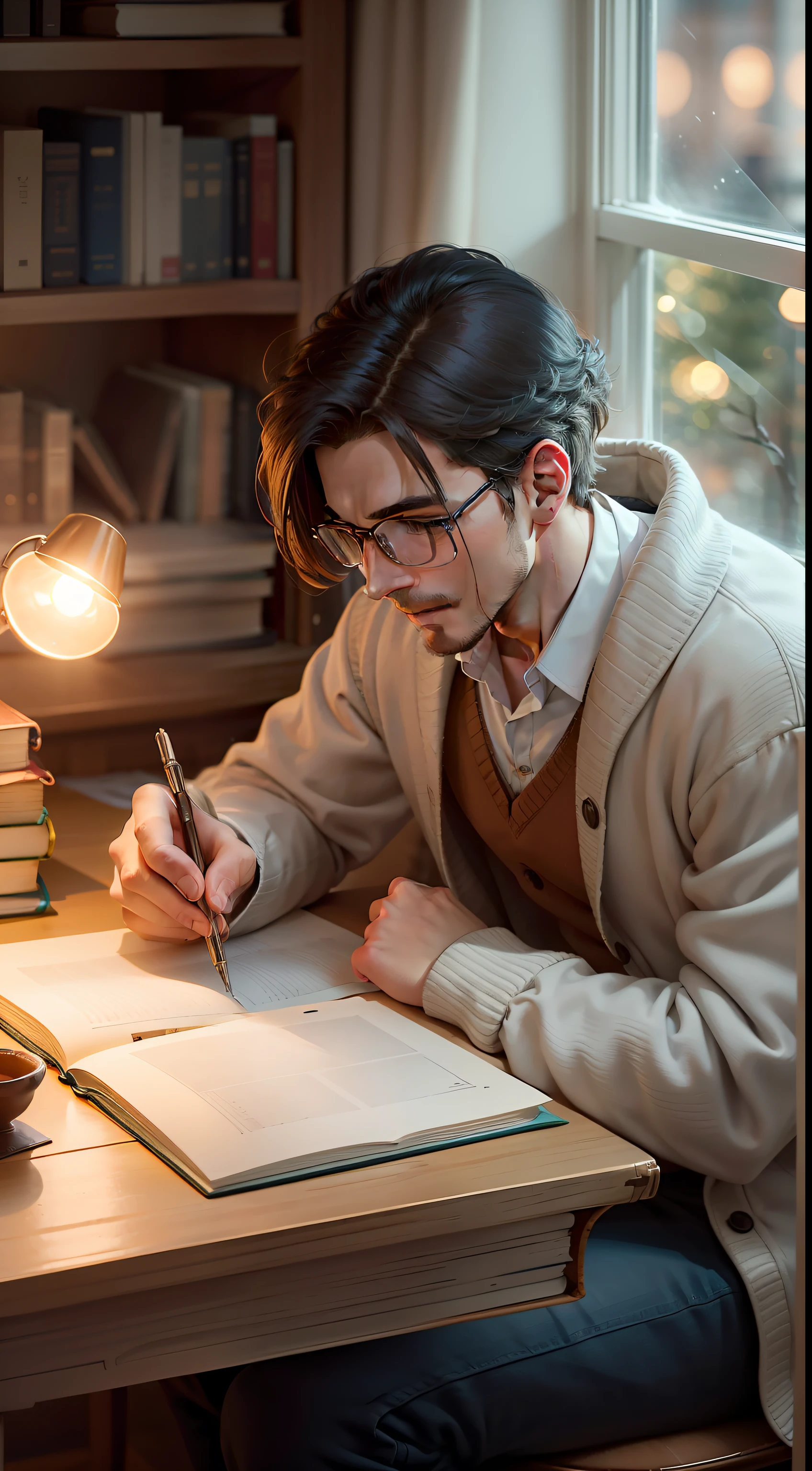 The man sitting at the table，In front of the window was a book and a pen, warmly lit posh study, studying in a brightly lit room, studyng in bedroom, research, elegant study, Reading a book, reading new book, studious chiaroscuro, Hold the book, writing in journal, cozy candlelight