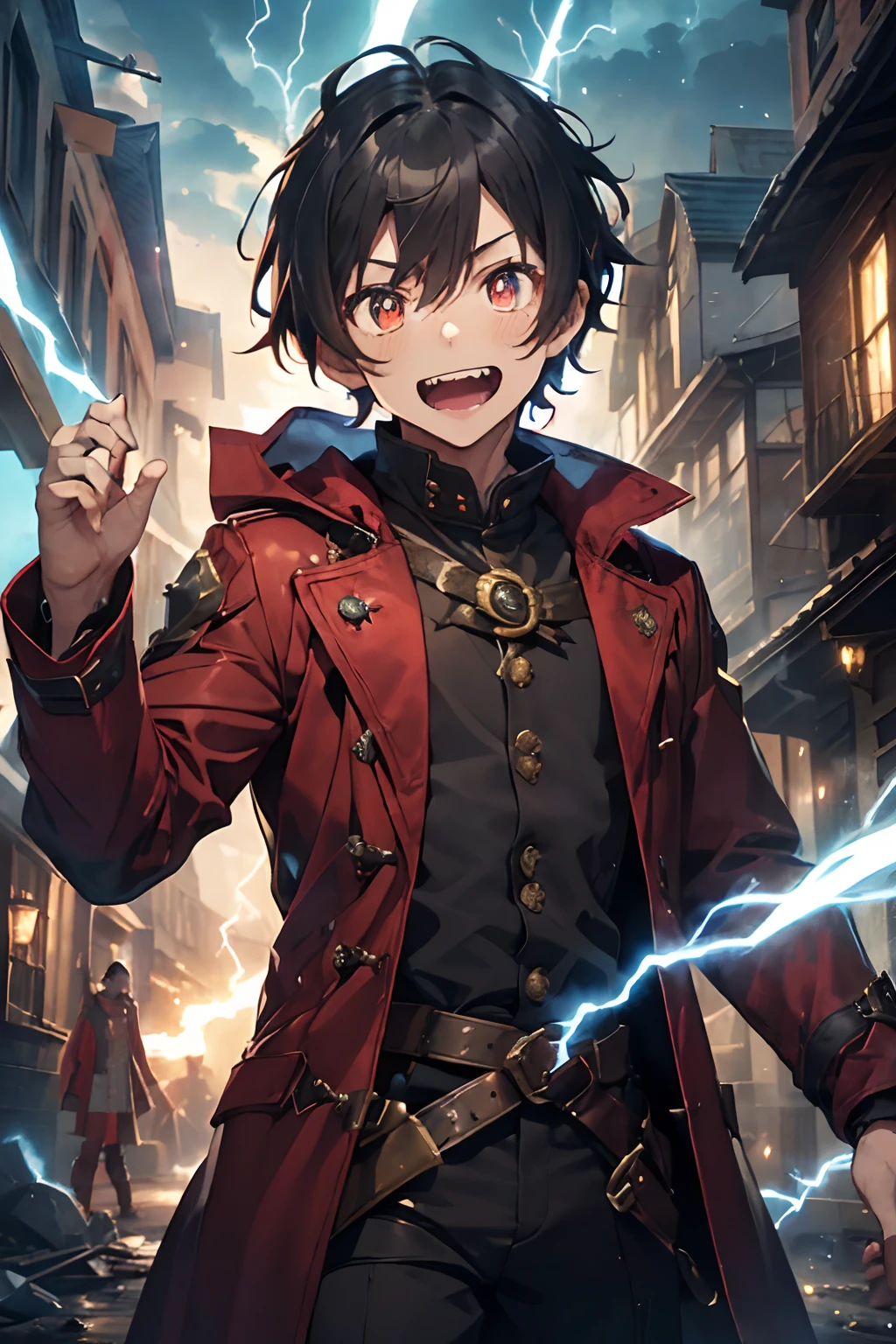 ((One young sorcerer around ************)),((with blue lightning around him)), black hair, brown pupils, messy short hair, male look, messy look,((fantasy poor brown sorcerer outfit, red coat)), (maniacal laugh), snapping fingers