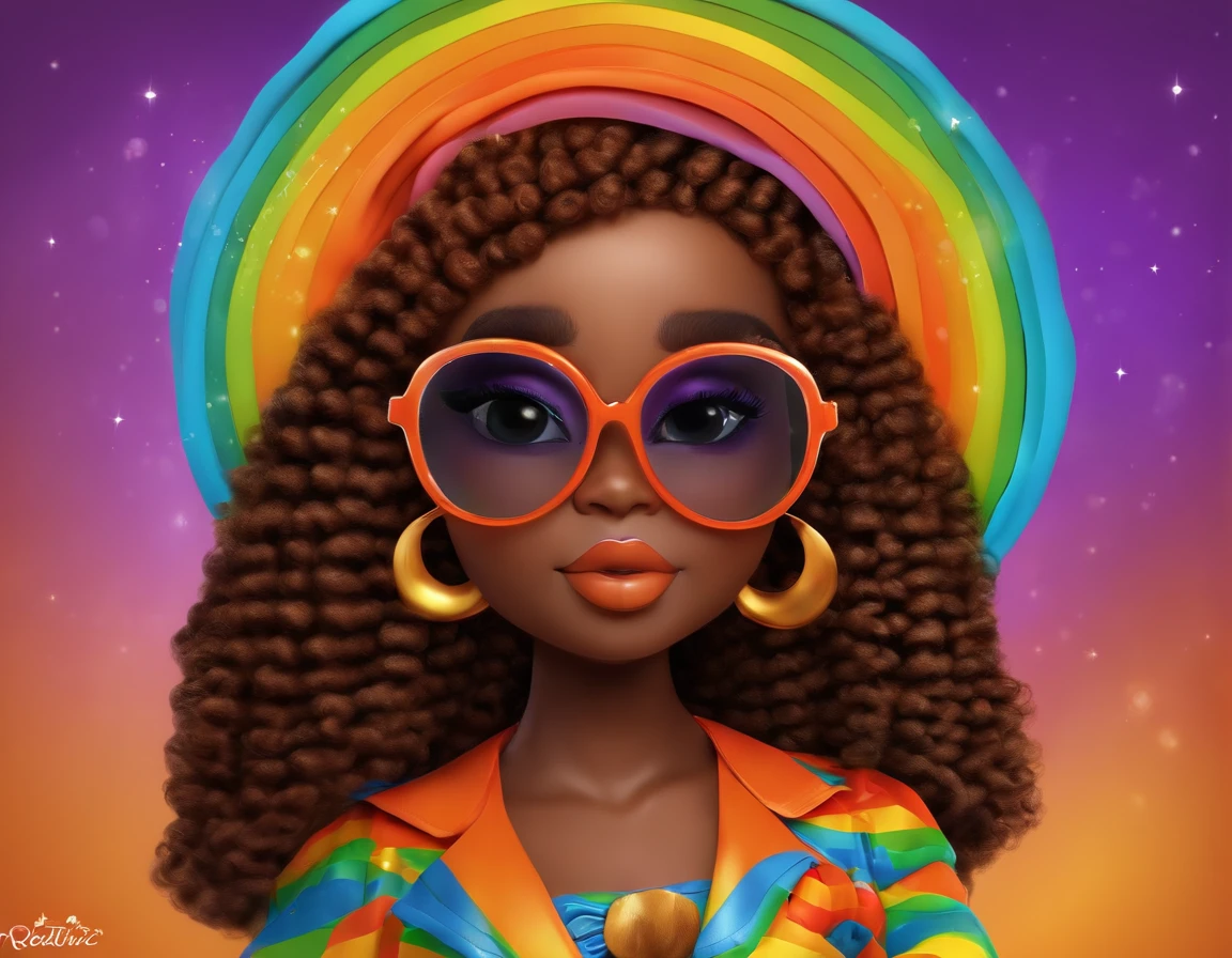 Menina africana, cabelo cacheado, Chibi, corpo inteiro, olhos grandes e castanhos, brincando, Ao fundo, A rainbow with the word "Beatriz",Silica color background, com vestido laranja, bespectacled, imagem 3d