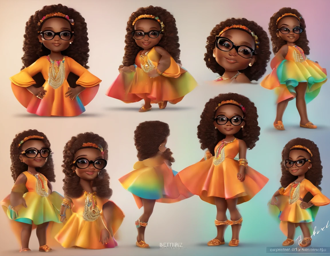  africana, cabelo cacheado, Chibi, corpo inteiro, olhos grandes e castanhos, brincando, Ao fundo, A rainbow with the word "Beatriz",Silica color background, com vestido laranja, bespectacled, imagem 3d