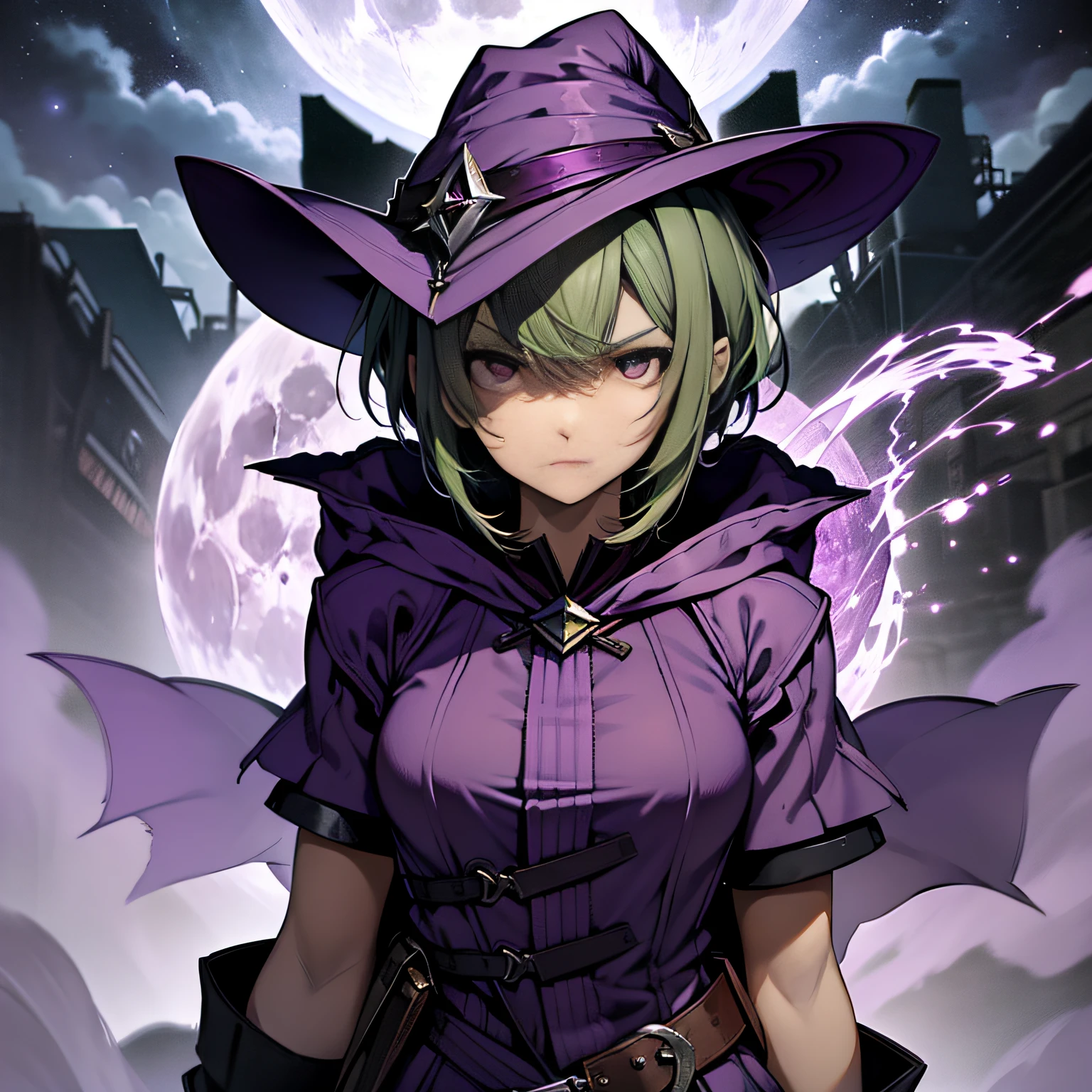 top-quality、extremely delicate and beautiful、(A teenage girl)、Purple Eye、Green hair、short-haired、(purple witch hat)、Purple tie、Soio、shortsleeves、Purple skirt、Purple Wizard Robe、Navel、is standing、Facing the front、Expression of hatred、Full moon night on background、Only eyes