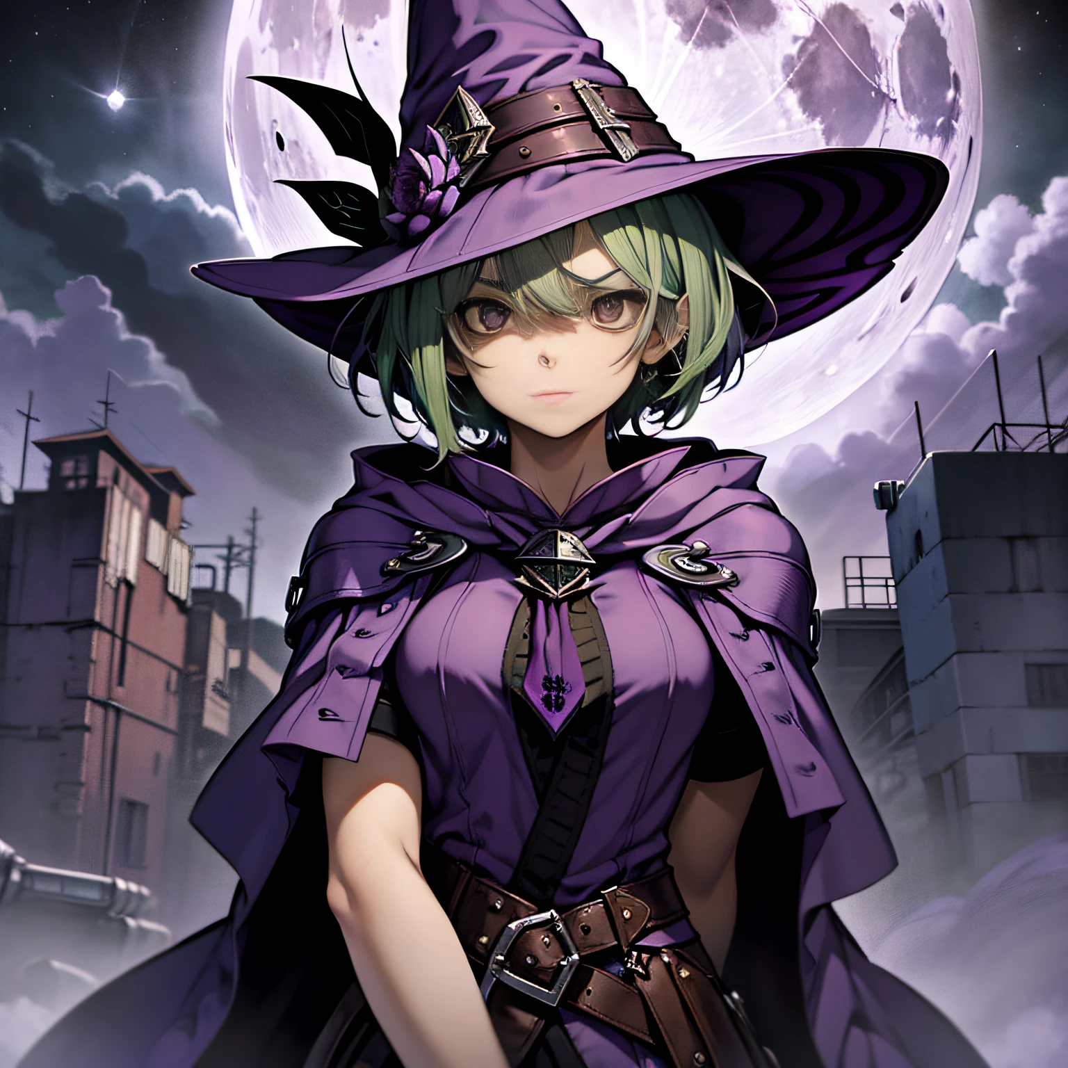 top-quality、extremely delicate and beautiful、(A teenage girl)、Purple Eye、Green hair、short-haired、(purple witch hat)、Purple tie、Soio、shortsleeves、Purple skirt、Purple Wizard Robe、Navel、is standing、Facing the front、Expression of hatred、Full moon night on background、Only eyes