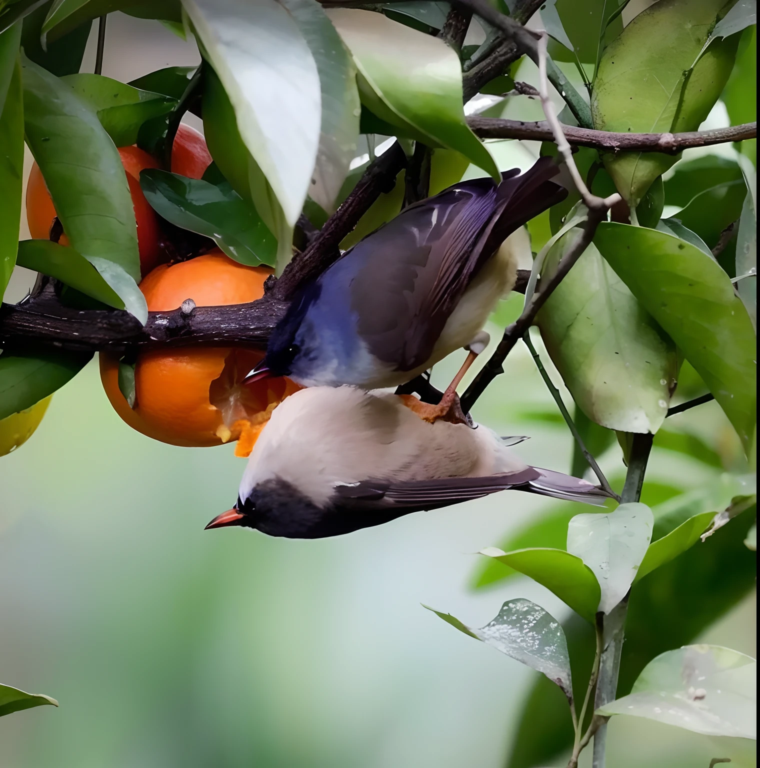 There was a bird eating oranges in a tree, still from nature documentary, nature photo, Natural light，isometry, Excellent composition, fruit and feathers, rare bird in the jungle, Incredibly beautiful,