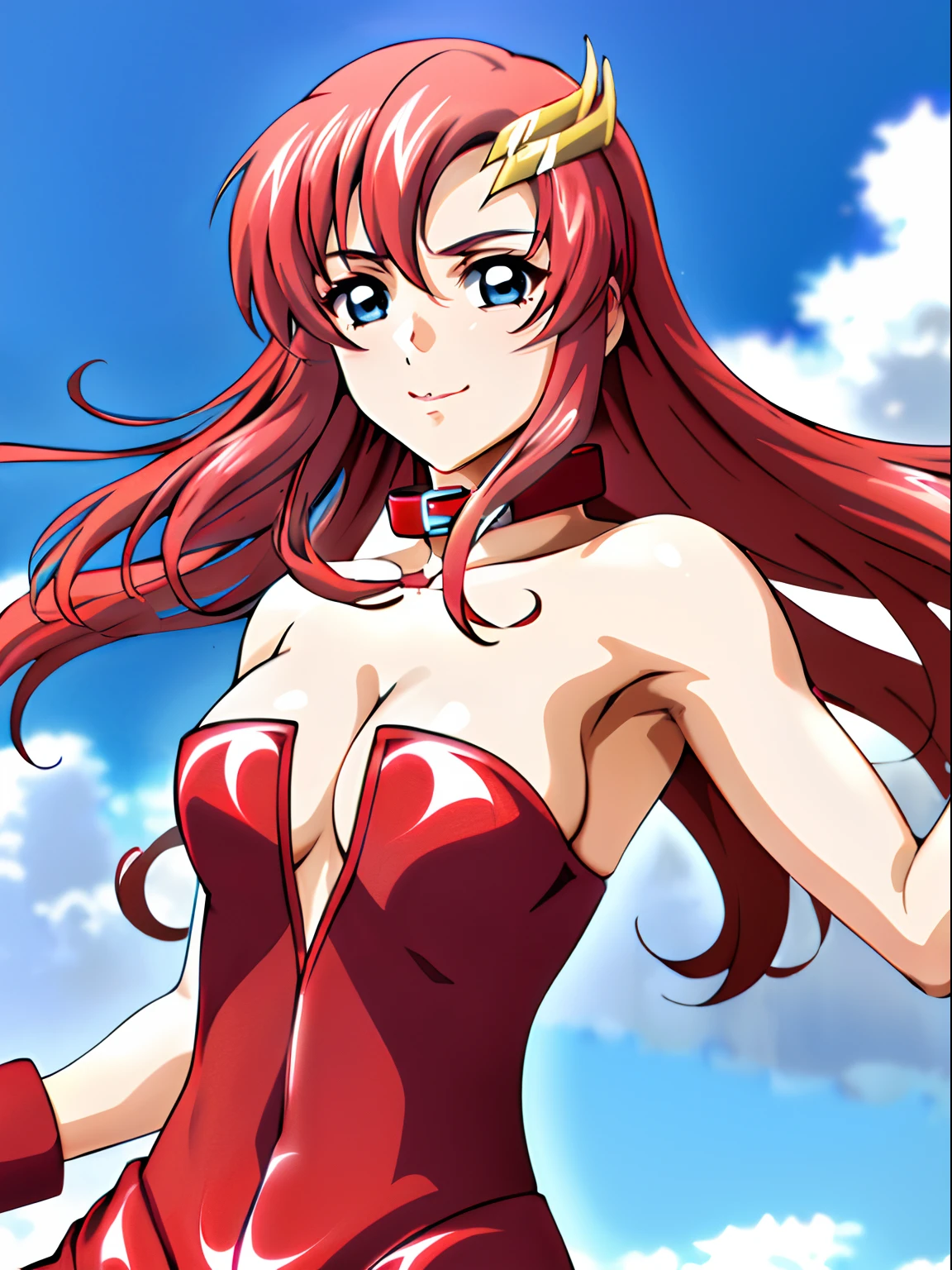 (((red strapless wrestling outfit, collar, red boots))), (upper body view, masterpiece, big mouth, 4K, Best Quality, Anime style: 1.9,, Adult Woman, (cloud background), Drawing lines, Anime, lacus4), 1girl, Solo, , Long hair, 鎖骨, scapular, (wide bangs, missy hair, floating hair, Hair Ornament, Detailed reddish-pink hair, golden crest), large hands, (). (Big blue eyes), ((little biceps, slender body, hourglass figure, broad shoulders, closed fists)), ((perfect proportions, medium breasts, cleavage, long belly)), (((mini red wrestling outfit))), ( looking at the viewer, smile),