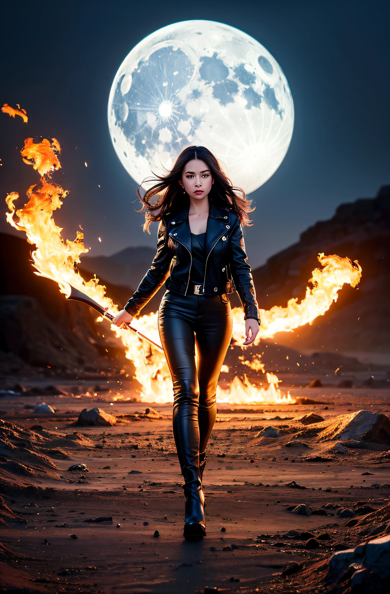 1girl, Long curly blonde hair, The eyes are green, wearing a black leather jacket, Black Leather Long Pants, Black Boots, hight resolution, Ultra-spicy, 8K, Masterpiece, looking a viewer, full-length photo, A great scene, Epic Scenes, luna, fire, warrior, mountains, hero, Black sunglasses