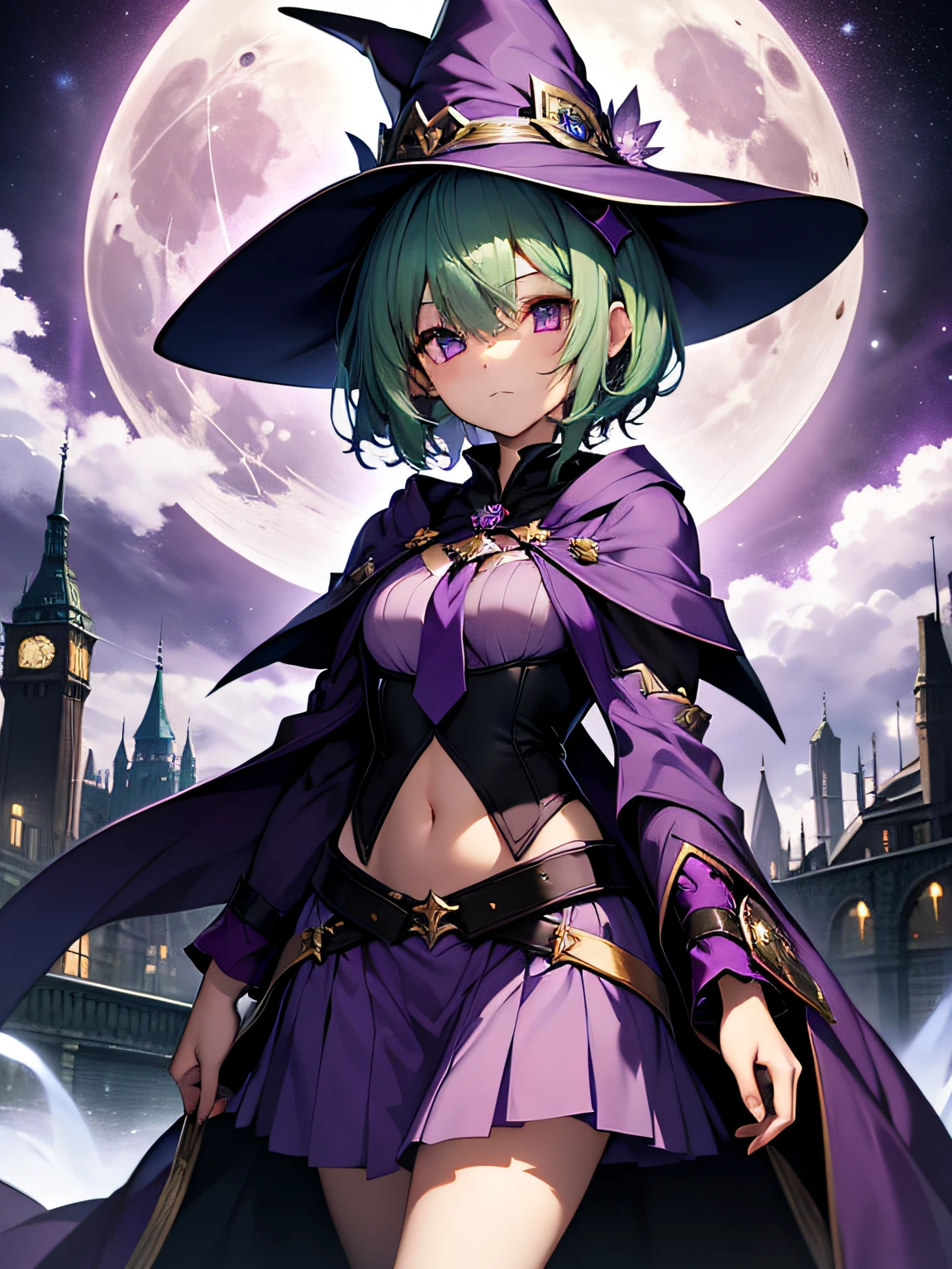 top-quality、extremely delicate and beautiful、(A  girl)、Purple Eye、Green hair、short-haired、(purple witch hat)、Purple tie、Soio、shortsleeves、Purple skirt、Purple Wizard Robe、Navel、is standing、Full moon night on background