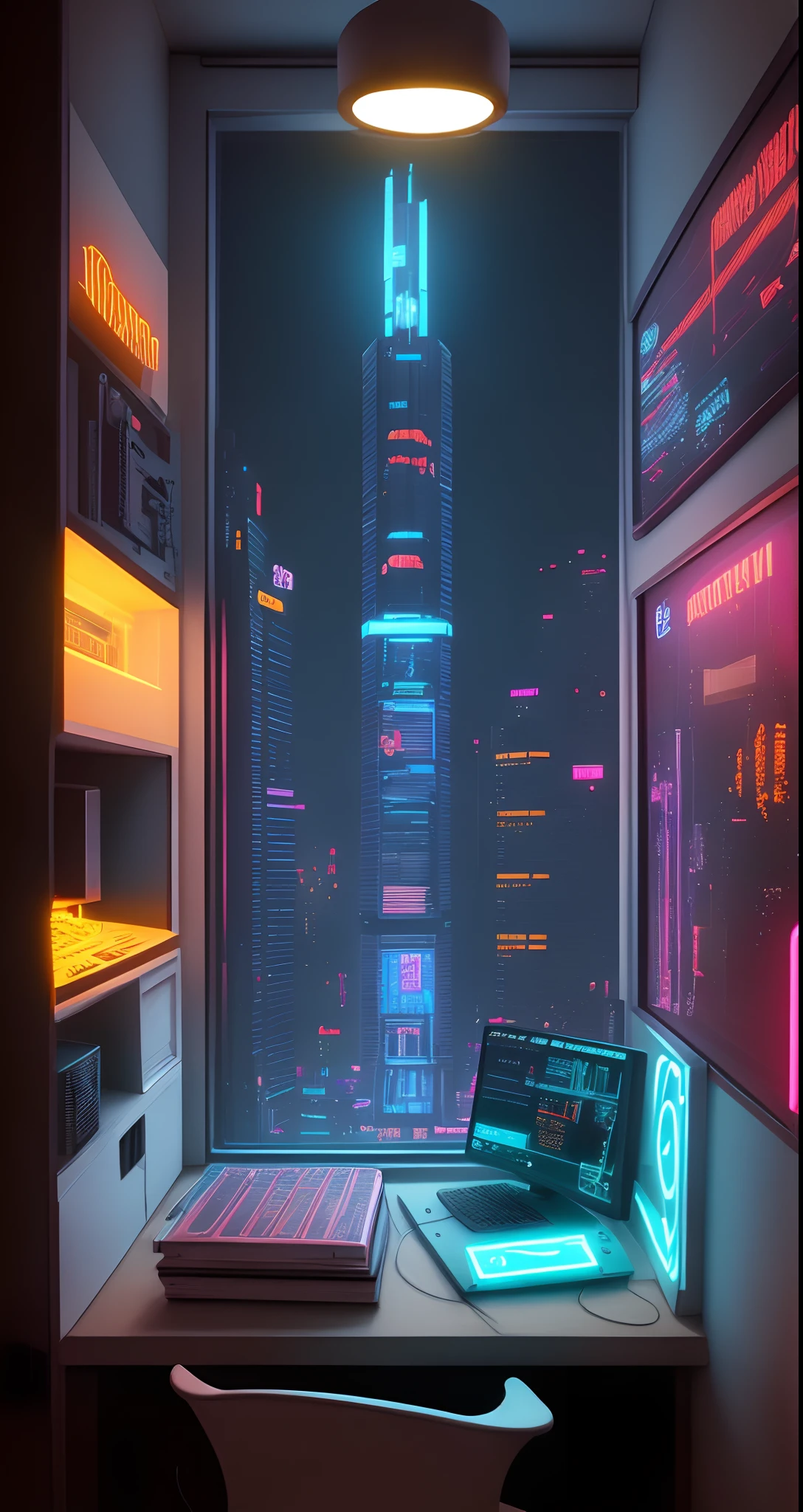 small chamber Cyberpunk tall building and neon lights outside the window Computer on desk
