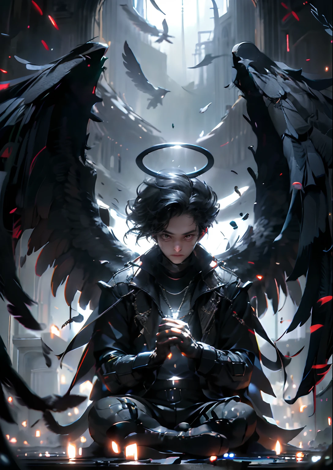 BJ_Daemon,solo,smile,short_hair,shirt,black_hair,gloves,long_sleeves,1boy,sitting,closed_mouth,jacket,closed_eyes,male_focus,wings,black_gloves,pants,indoors,black_footwear,black_jacket,halo,black_pants,own_hands_together,feathers,feathered_wings,facing_viewer,black_wings,angel_wings,angel,candle,praying,black_feathers,
cinematic lighting,strong contrast,high level of detail,Best quality,masterpiece,White background,