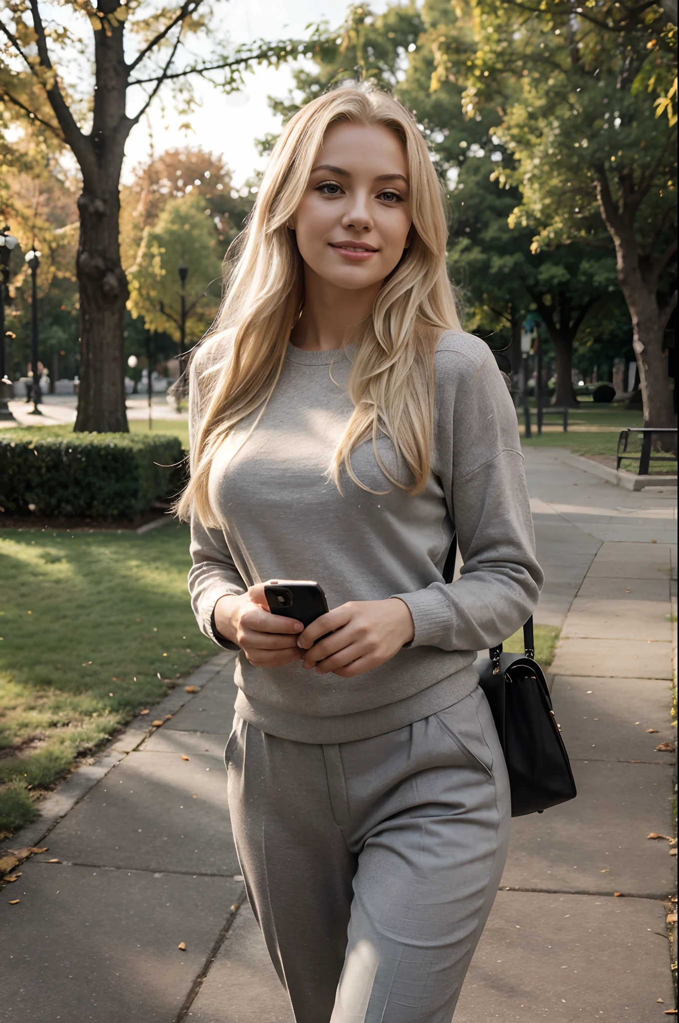 long hairs blonde woman 30 years old in grey wool pull over and black trousers, (face marilyn monroe:0.9), holding an iphone in her right hand, walking in a park, end of day, flirting with camera, light smile, front shot, 85mm, Nikon, UHD, masterpiece, anatomically correct, textured skin, super detail, award winning, best quality, high details, 16k, lens flare