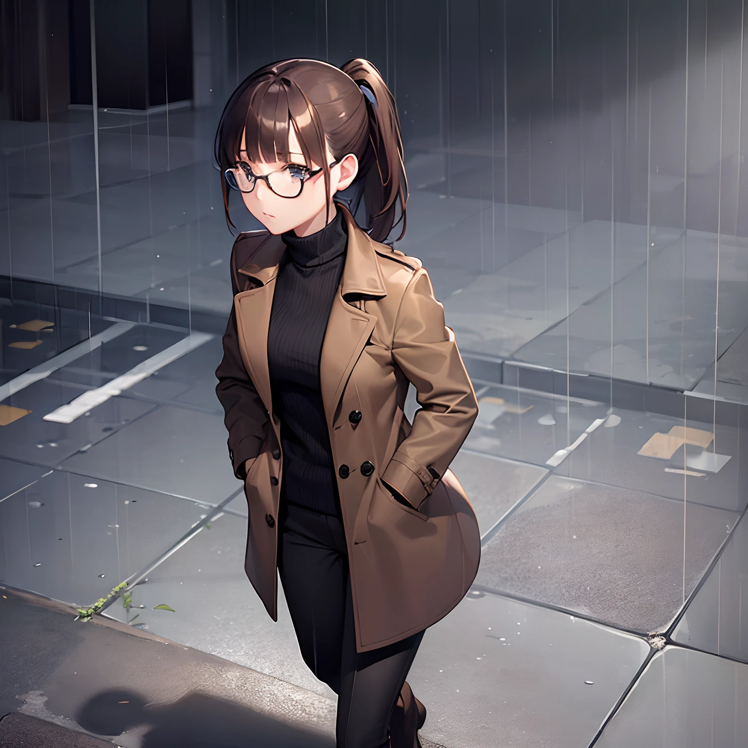 1girl, (((solo))), walking in the rain, walking in the side walk, hands in pockets, brown hair, ponytail, blunt bangs, round glasses, brown trench coat, black turtleneck, black pants, brown boots, rain, overcast,