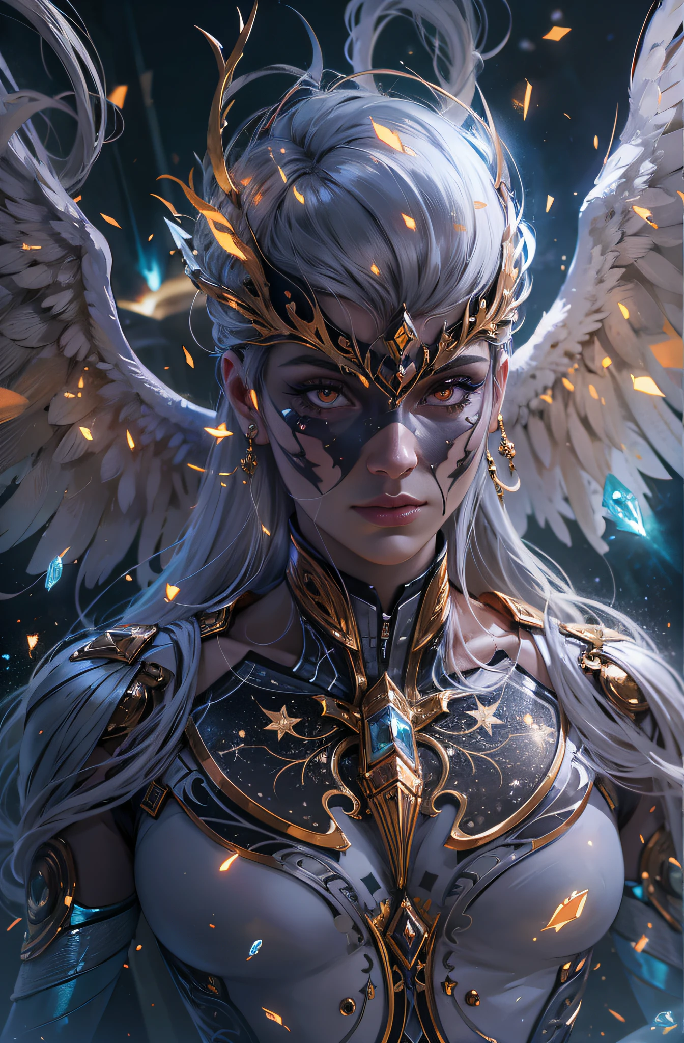 cosmic fallen angel, olhos claros brilhantes, Biomechanicals, estranho, assustador, Pesadelo, cores muito brilhantes, light particles, com luz brilhante, Mshiff, Arte do papel de parede, Papel de parede UHD, olhos de fogo, cinematic, 8k, realistic