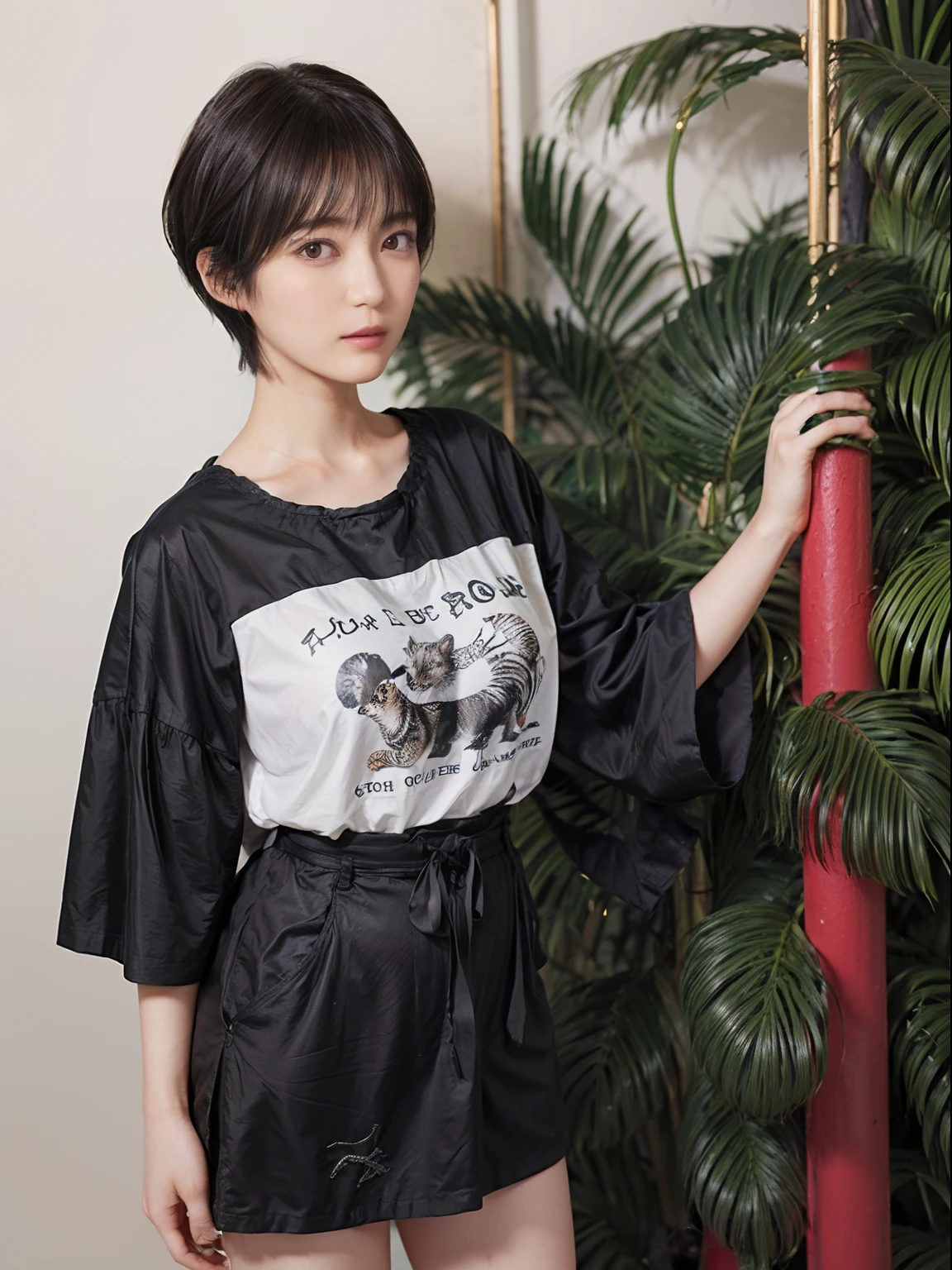 60
(a 20 yo woman,is standing), (A hyper-realistic), (masutepiece), ((A dark-haired、short-hair:1.3)), (Breast), Gentle expression, (Clothing printed with wild animal characters)