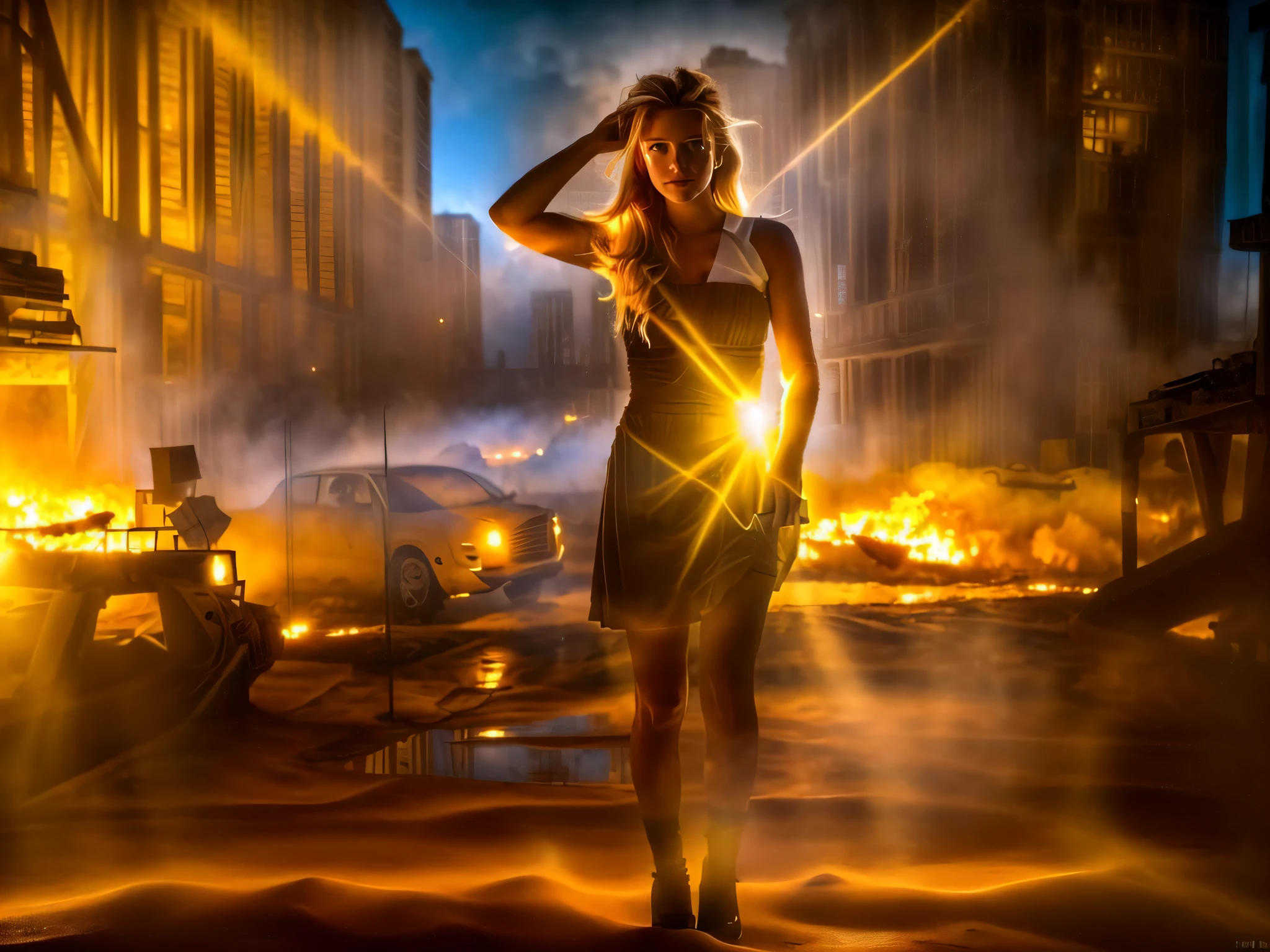 (((mature, cute, young, cute, buffy summers:1.2), attractive young woman, happy, wearing torn yellow dress, skirt blowing in wind, hair floating, (beautiful cg model face:1.4), detailed, soft eyes, luscious red lips, (eye makeup:1.2), standing, dirty, humid and hot, boots, from bottom, cold feet, (long, long, long blond hair:1.2), subsurface scattering ), cosmic event in the sky, end of the world, fires, smoke rising, wild animals, epic realistic, (hdr:1.4), apocalypse, abandoned, neutral colors, night, screen space refractions, (intricate details), (intricate details, hyperdetailed:1.2), cinematic shot, complex background, (8k, RAW photo, best quality, masterpiece:1.2), soft lighting, high quality, film grain, Fujifilm XT3,