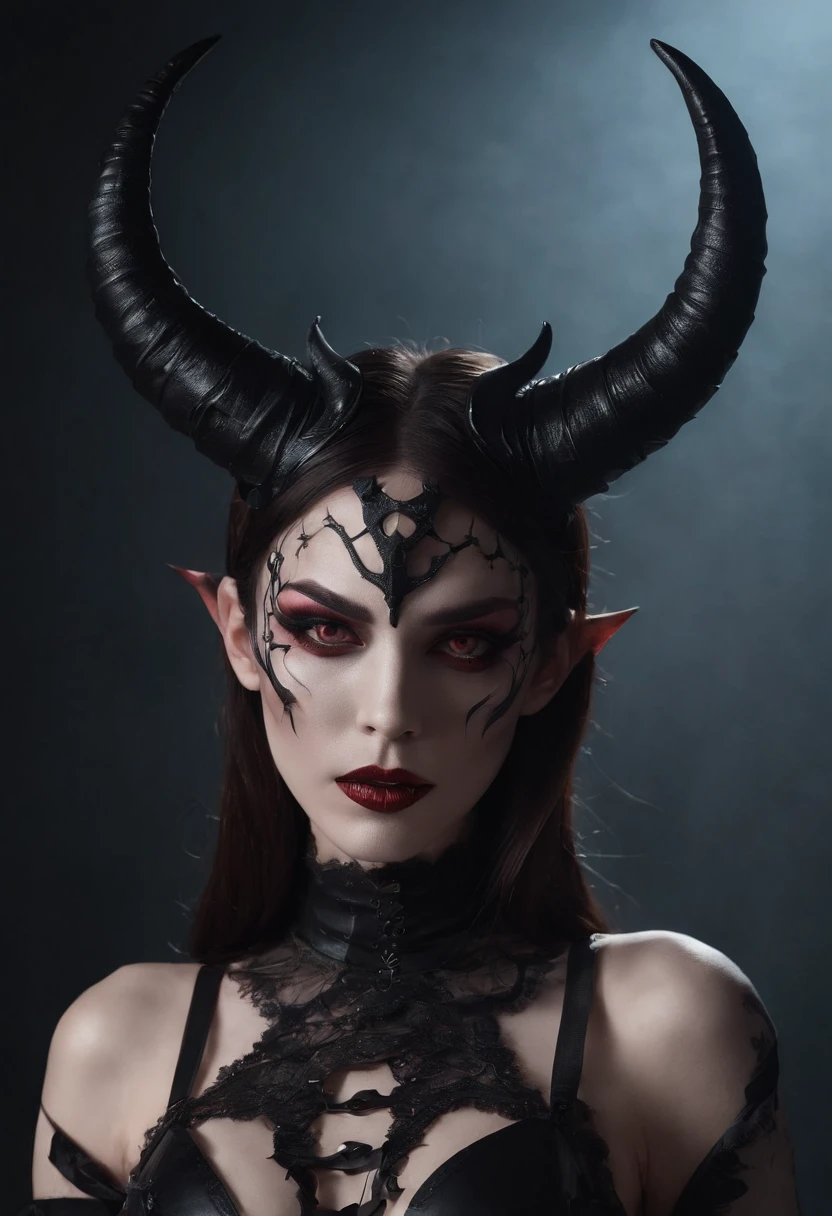 breathtaking demon woman with horns dressed in sexy lingerie posing for a photo in a dark minimal studio, darksynth aesthetic, minimal background, goth makeup, bizarre fashion photography, ultra detailed, masterpiece.
