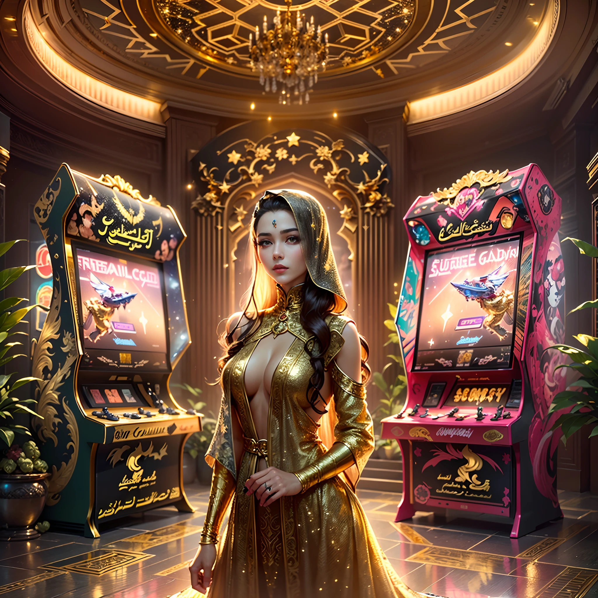 Beauty is elegant,Wearing a luxurious dress of Arabic science fiction,Ambilight。Her long hair flowed down like a waterfall,It adds to her beauty。
In front of her,(This is a brand new Arabian sci-fi luxury arcade。。This arcade machine uses cutting-edge technology,The fuselage is streamlined,The main color is gold:1.5)Bold。The screen of the arcade machine shows a magnificent picture of the starry sky,
Inside a luxurious villa,Chandeliers and sconcedes glow softly,Illuminated the whole room。The interior of the villa is gorgeous,The intricate carvings and ornate tapestries are dazzling。In the middle of the villa,
The whole scene blends Arabian science fiction luxury style,It not only highlights the beauty and elegance of beautiful women,It also showcases the perfect combination of high technology and luxury。In such a sci-fi environment,Beauty and new arcades have become the most eye-catching focus。