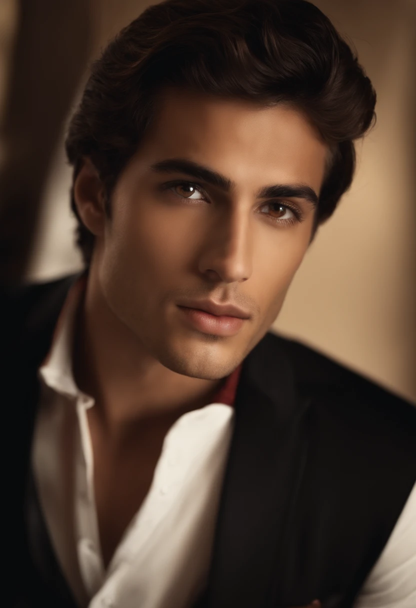 Sexe masculin jeune teint marron, cheveux noirs courts, Haut, petit nez, dark brown eyes, Sharp glance at the camera,