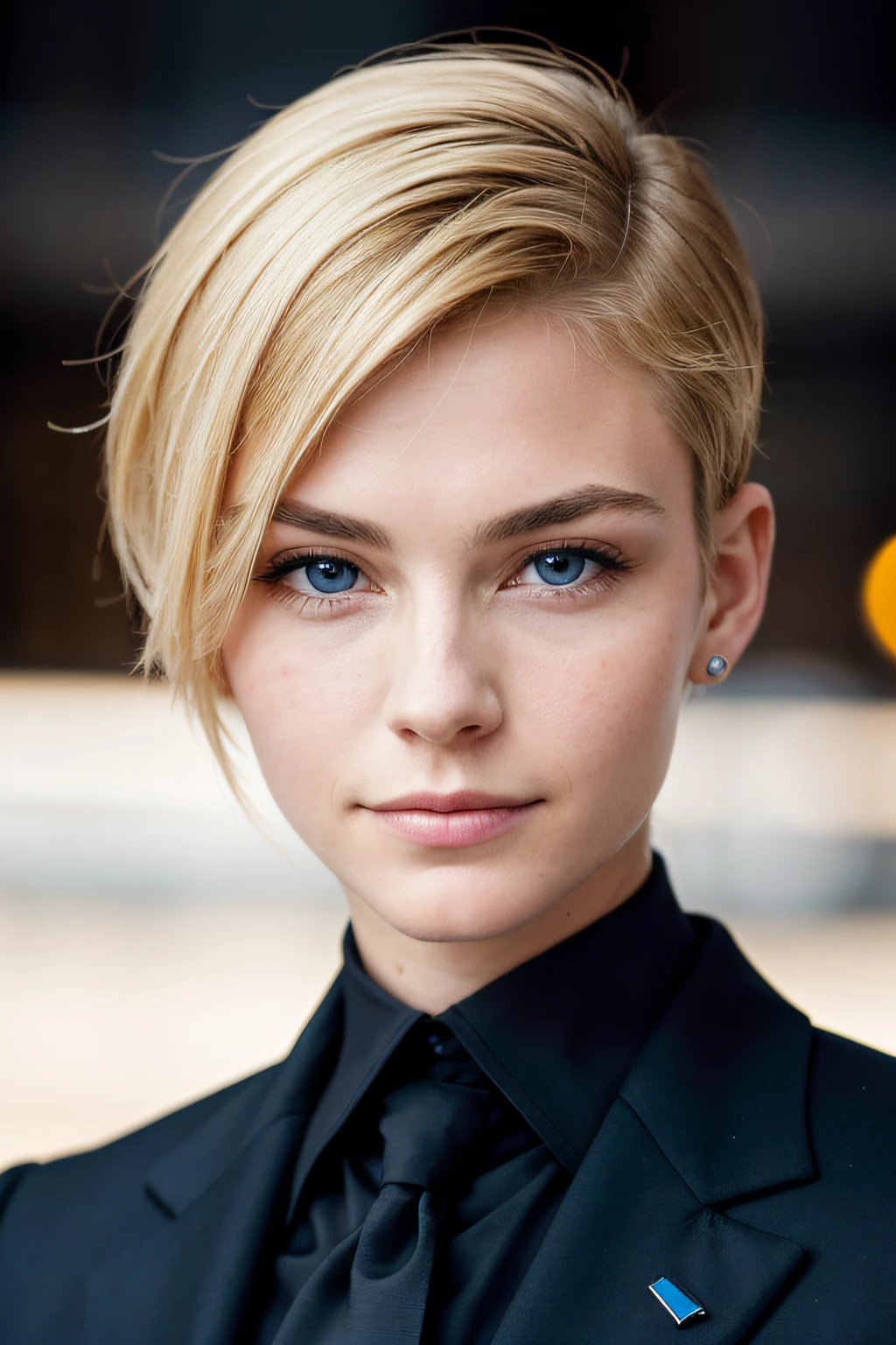 portrait of european girl,solo,20yo,beautiful face,uppser body,hair over one eye,medium sidecut, blonde hair, sharp focus,black business suit