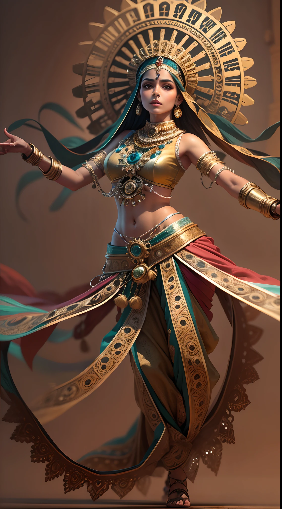 mechanical Indian dancer,metallic color scheme,highly detailed face and body,sparkling eyes and vibrant makeup,ornate jewelry,fluid and graceful movements,traditional Indian attire,extensive use of gears and clockwork mechanisms,ethereal background with hints of Indian architecture,professional studio lighting(best quality:1.2),dramatic shadows and highlights,elegant and intricate dance poses,contrasting colors and textures,artistic fusion of technology and tradition