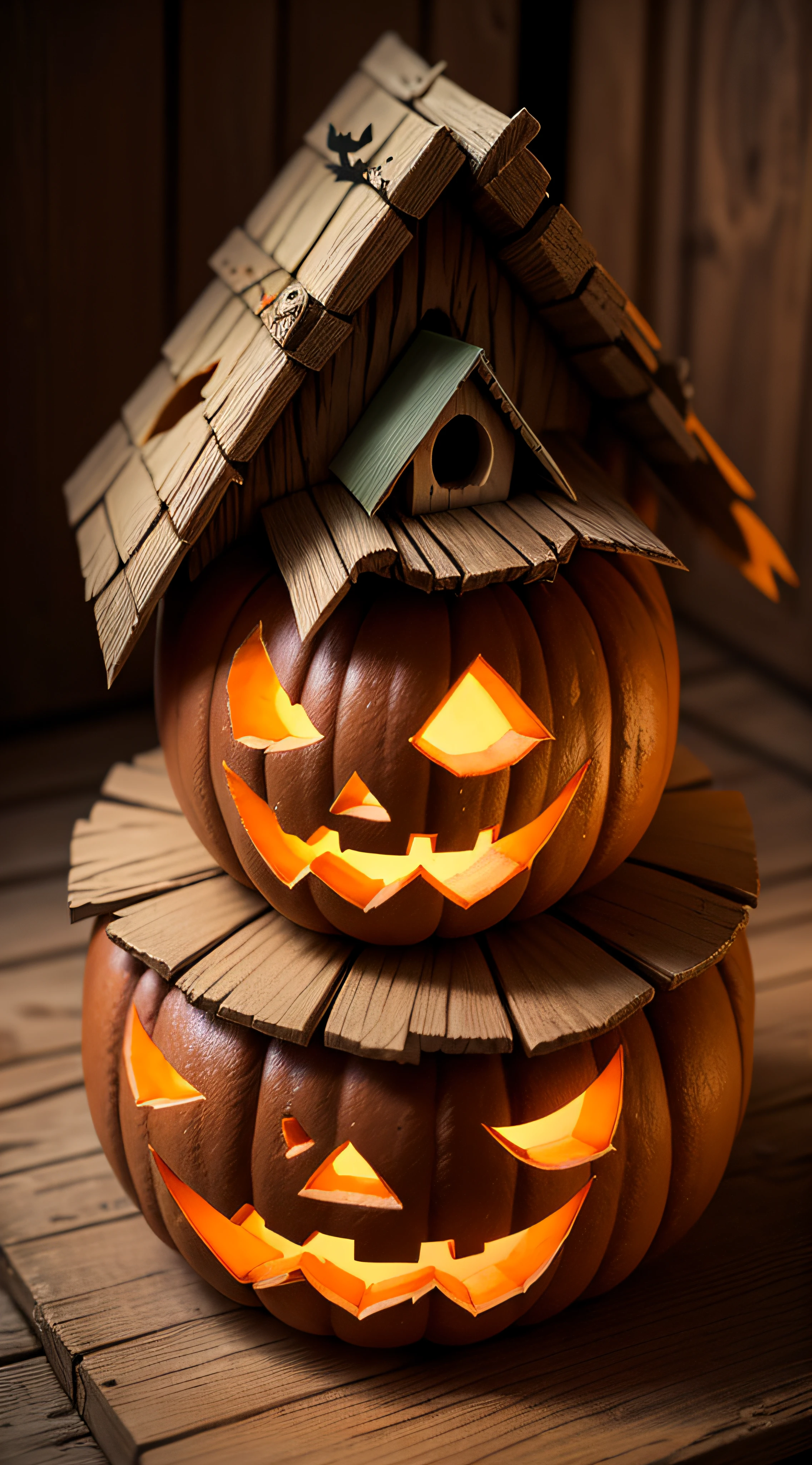 high quality, HD, realistic, scary, bird house Halloween jack-o'-lantern sculpture, birdhouse jack-o'-lantern . HDR