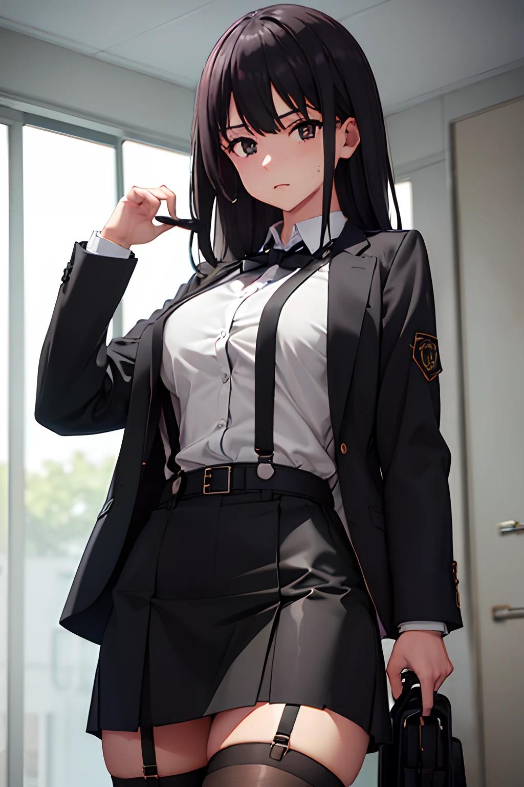 Suit,Collared shirt,Belt bag,Suspenders Black Miniskirt garterbelts knee high Stockings Black Niso Colorcon armpit sweat perspiring Side of both hands,Black jacket,Gaze,ample bosom,Armpit sweat,Exposing the armpits"Tight clothes、、Wristband Bangs Center Parted masks
