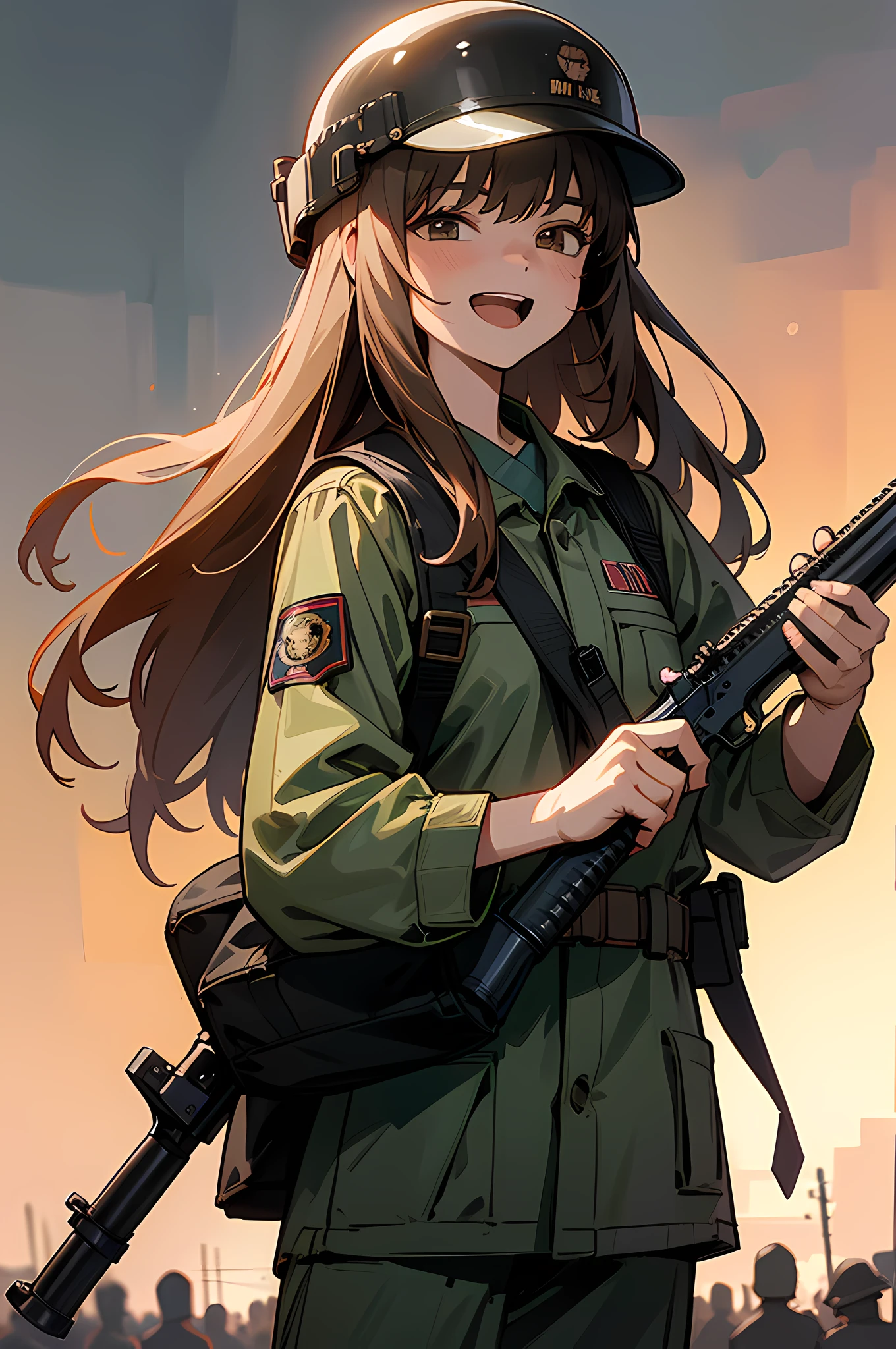 (8K Ultra High-Quality) (Masterpieces) (人物: Kiruko) 1 Girl, Solo, long hair, wearing US Army Uniform from Vietnam war era, wearing US Army helmet from Vietnam war, carrying US Army bag, holding M16A1 Colt firearm, laughing looking at viewer.