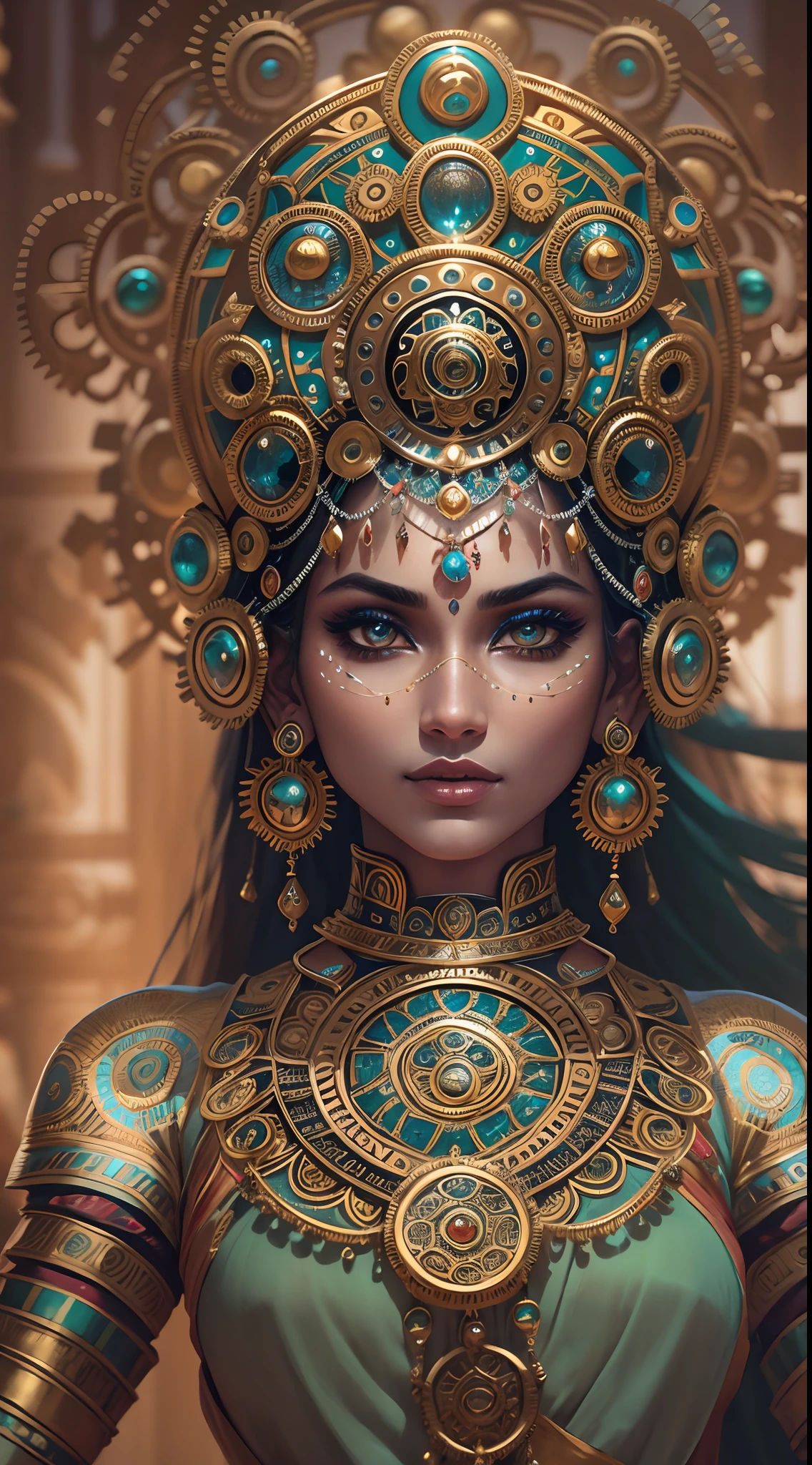 Robot Indian dancer,Metal color scheme,Highly detailed face and body,Sparkling eyes and vibrant makeup,ornate jewelry,Smooth and elegant movements,traditional Indian clothing,Gears and clockwork mechanisms are widely used,Ethereal backdrop with hints of Indian architecture,Professional studio lighting(Best quality:1.2),Dramatic shadows and highlights,Elegant and complex dance poses,Contrasting colors and textures,Technology blends with traditional art