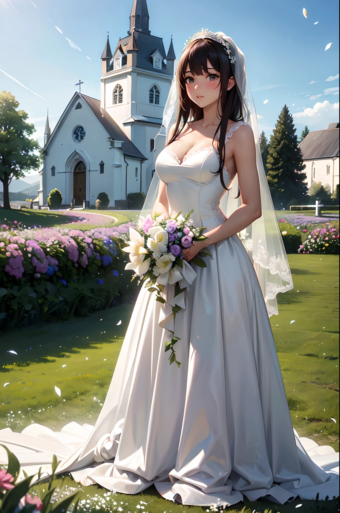 masterpiece,best quality,High resolution,Fine details,Realistic,solo,Adult Woman,blush,Large breasts,(((White Wedding Dresses))),((Meadow with a view of a small church)),((snowstorm of flowers)),Frontal