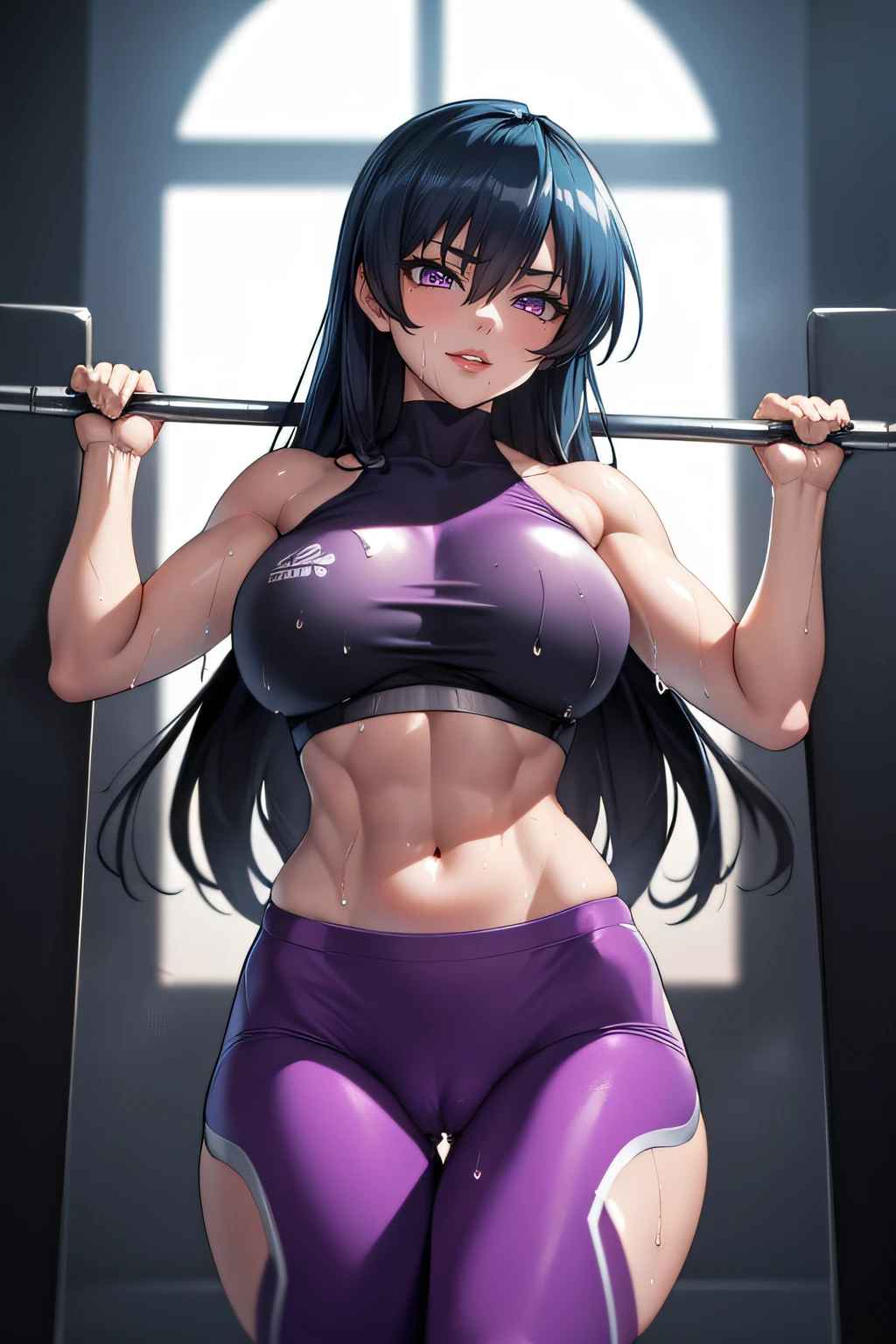 ASAGI,pantalones cortos deportivos,sujetador deportivo transparente,escote,Polainas negras,Cabello largo, Cola de caballo,cabello azul, pelo entre los ojos, bloqueos laterales, purple eyes,  Mirando al espectador,  en el gimnasio, Gimnasio montado en segundo plano , Gimnasio costoso,,(Sudando:1.1),musculatura,(Abdominales tonificados),(Altas Resoluciones, alta calidad:1.1), Detalles intrincados, cinematic lighting, 1girl,dynamic  pose, ingle,They are smiling,desde abajo, , wet body, lips,