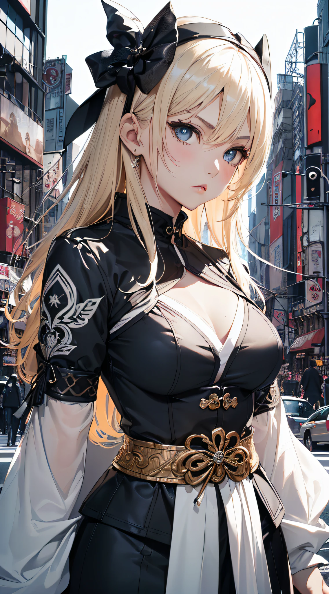 top-quality、Top image quality、​masterpiece、girl with((cute little、18year old、Best Bust、Medium bust、Bust 85,Beautiful blue eyes、Breasts wide open,Blonde long hair、A slender、Black samurai costume、Serious face,On the waist２Japan sword of the book、Fluttering hair、Monochrome color scheme)）hiquality、Beautiful Art、Background with((New York City)),masutepiece、Elaborate design、visualart、depth of fields、The best lighting、highestdetailed、8ｋ,Super delicate、A short distance away、Monochrome world、Kurosawa World