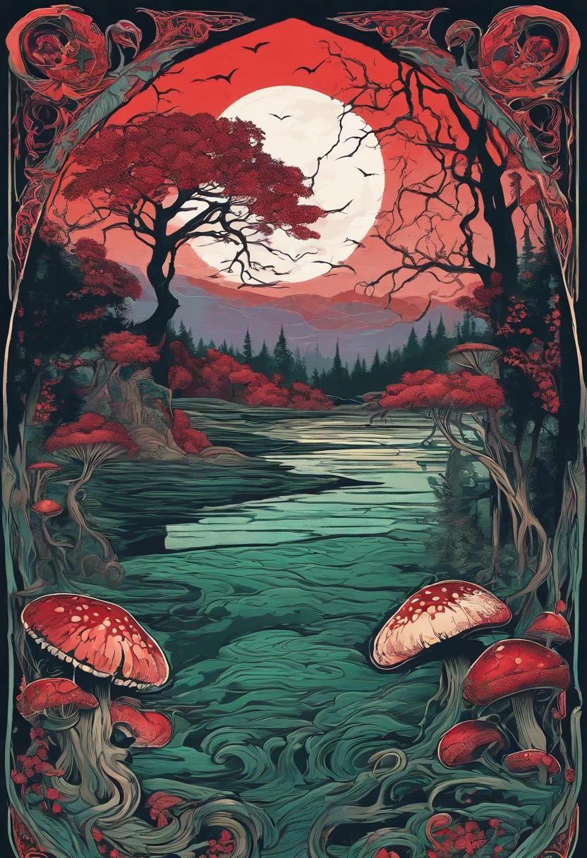 The dreaded Forget River under the red moonlight,  Dark fantasy, Haunting atmosphere, Mystical fog, Twisted tree roots, Creepy glowing mushrooms, Turbid green water, Mossy rocks, Surface ripples, Subtle moonlight reflections, The sinister silhouette of the devil, Sharp and dangerous features, Glowing red eyes, Ghostly pale skin, intricate tattoos, Vicious giggle,
