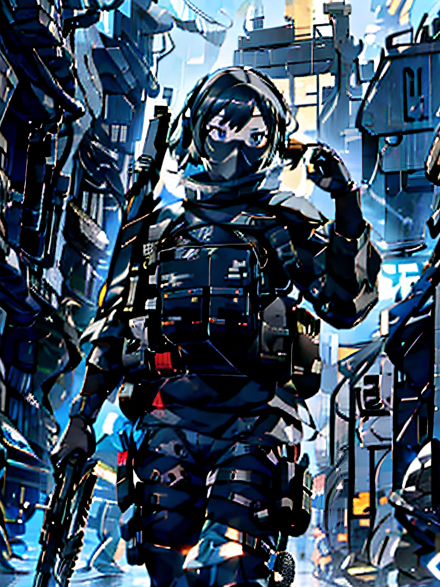 1woman, short black hair, blue eyes, special forces, wearing grey tactical shirt, grey tactical pants, black tactical boots, black tactical gloves, black army gas mask, tactical army headphones, grey army helmet, black tactical army vest, holding ak74 assault rifle, looking left, walking forward, night cyberpunk city, high res, ultrasharp, 8K, masterpiece