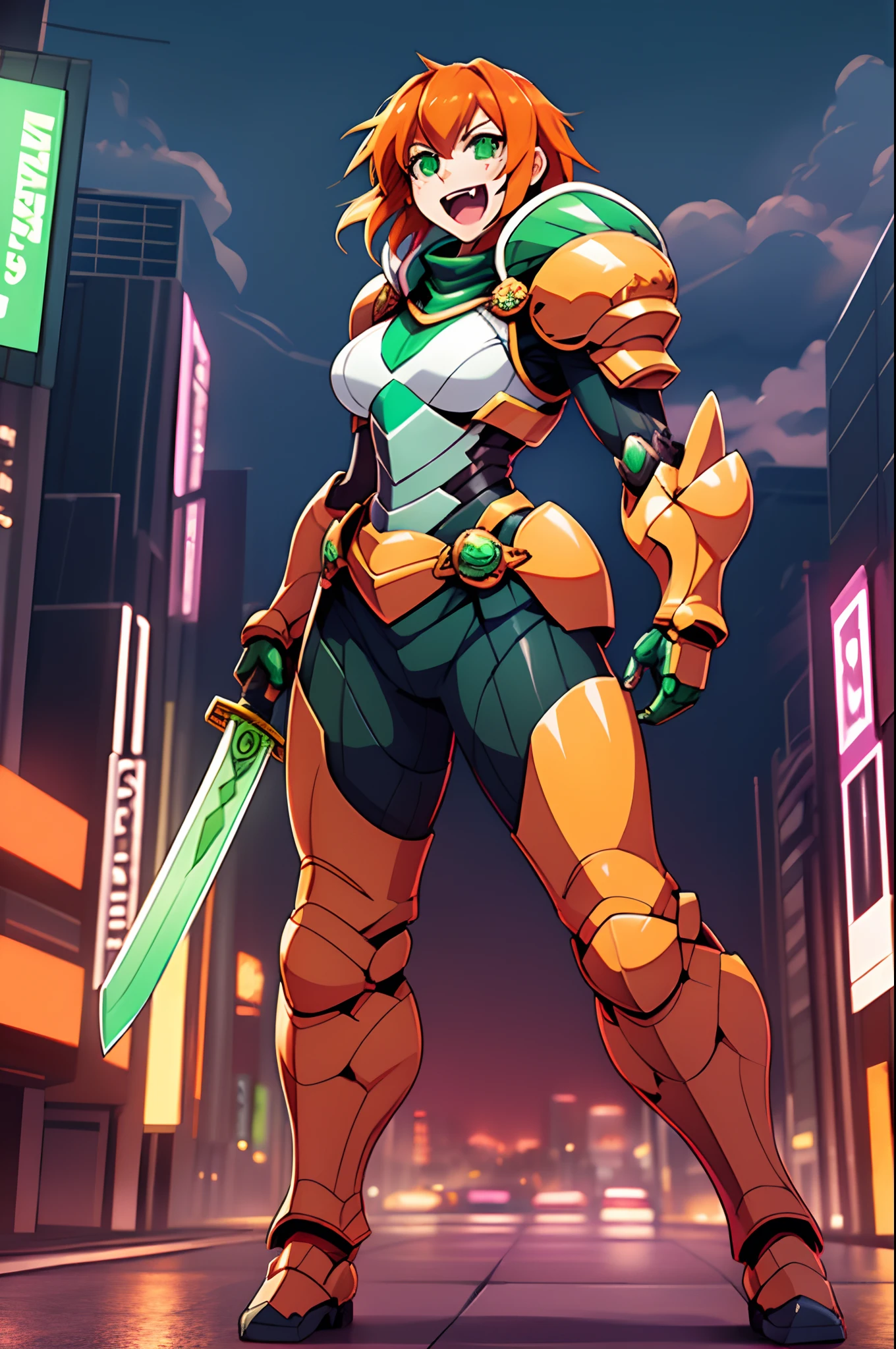 excel, orange hair, smile, fang, open mouth, green eyes,standing, medium breast, pants, pullover, , full body,knight armor, armore, sword holding, fantasy cyberpunk city magic