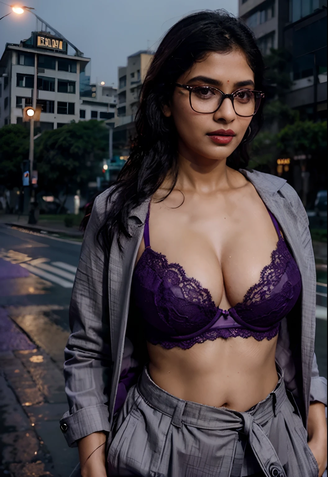 solo,
(Indian Kerala office lady, grey coat,lacy purple bra),
Full-length photo,cowboy shot,
city_lights,
(looking at viewer:1.3),
parted lips,   red_lips,wet skin, skindentation, best quality, ultra high res, (photorealistic:1.4),black hair, wearing glasses,updo