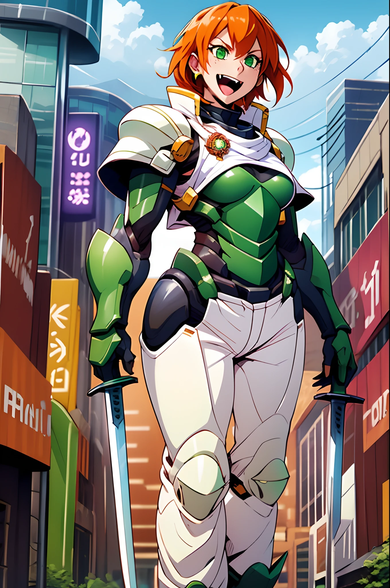 excel, orange hair, smile, fang, open mouth, green eyes,standing, medium breast, pants, pullover, , full body,knight armor, armore, sword holding, fantasy cyberpunk city magic