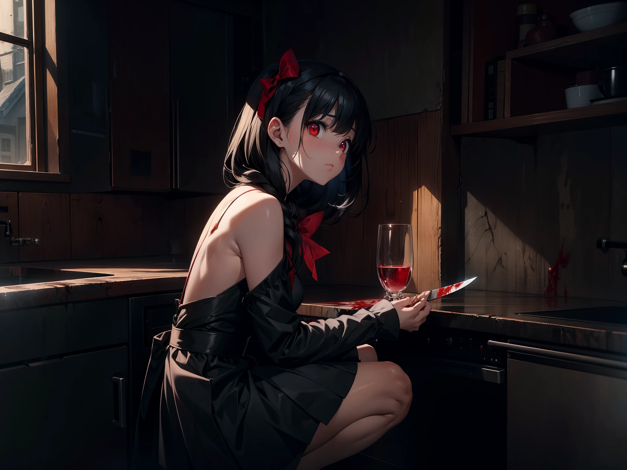 1 loli girl , squatting, holding kitchen knife , (lick blood), close to viewer, character viewer, cowboy shot,from behind , black dress ,black hair, red bow, red eyes, ((rape eyes)), growing eyes , high resolution,(incredibly absurdres), (hires.fix:1.3),anime visual,extremely detailed CG unity 8k wallpaper, ((masterpiece)), ((top-quality)), (beautiful illustration), ((an extremely delicate and beautiful))