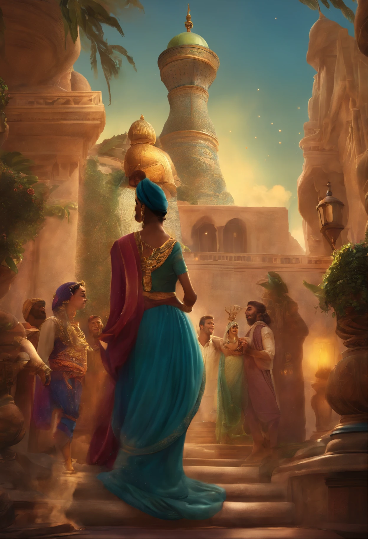 Subscription required
Illustration for the fairy tale about the magic lamp and Aladdin, who ended up in modern-day New York, near the Statue of Liberty