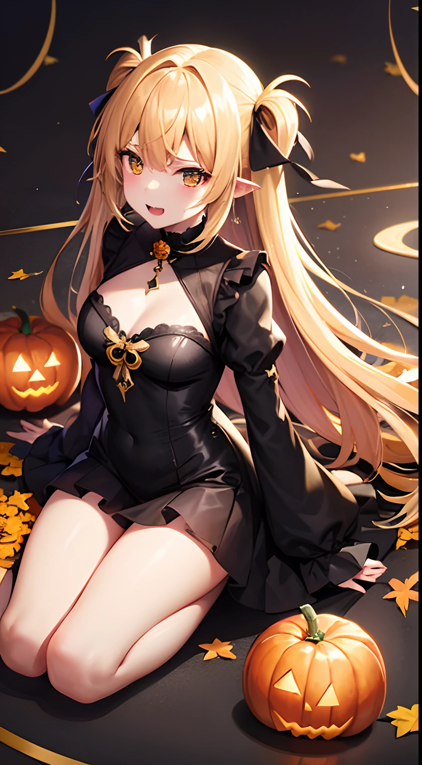 hight resolution、hightquality、ultra-detailliert、8k wallpaper、1人の女性、Beautiful fece、Wearing a shark costume、Teeth are shark fangs、Kamimei、Melancholy is in the air、Lovers feeling、Be loved、Familiarity、Lots of gold and black、Gold and black background、a blond、Sprinkled with Halloween pumpkins