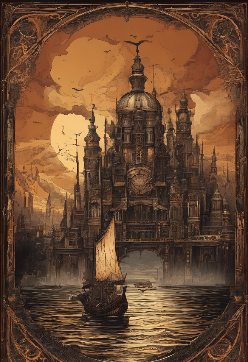 steampunc, A huge city in warm colors, Prophet Moses and the boat
