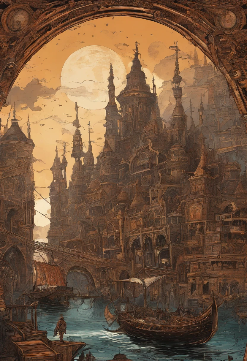 steampunc, A huge city in warm colors, Prophet Moses and the boat