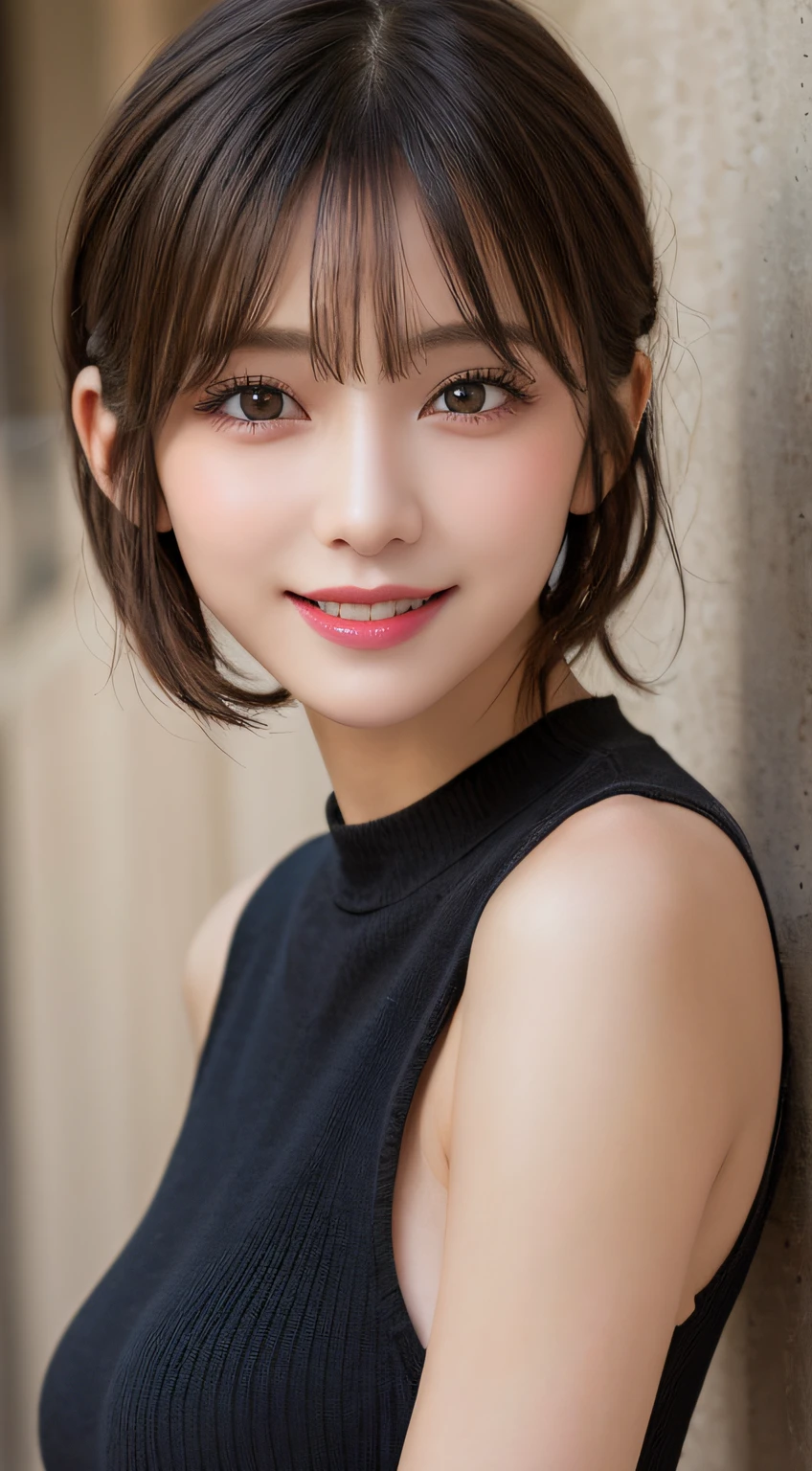 masutepiece, Best Quality, Illustration, Ultra-detailed, finely detail, hight resolution, 8K Wallpaper, Perfect dynamic composition, Beautiful detailed eyes, Women's Fashion,Very short hair,Small breasts natural color lip, Bold sexy poses,Smile,Harajuku、20 years girl、Cute、Sexy shot looking at camera