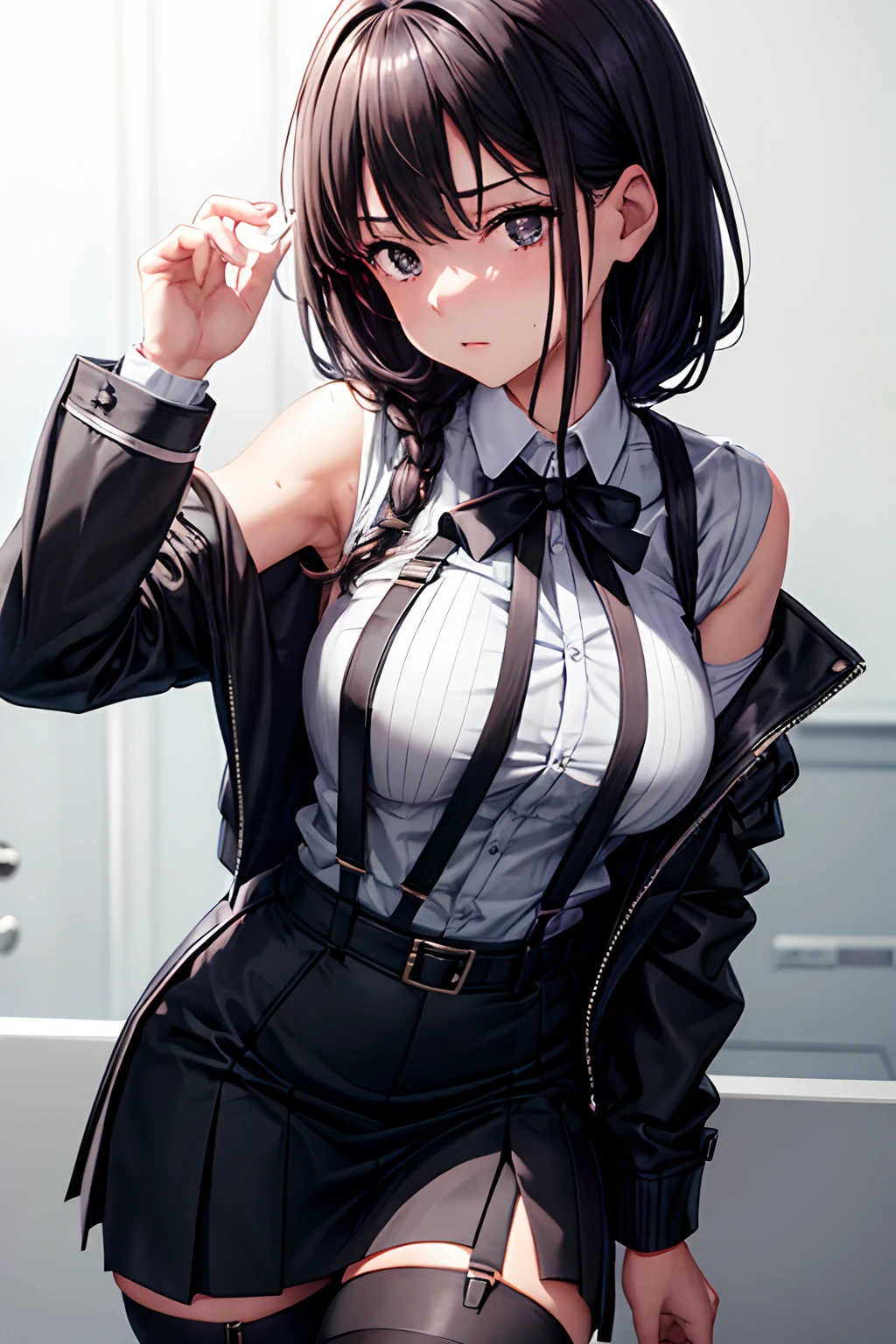 Suit,Collared shirt,Belt bag,Suspenders Black Miniskirt garterbelts knee high Stockings Black Niso Colorcon armpit sweat perspiring Side of both hands,Black jacket,Gaze,ample bosom,Armpit sweat,Exposing the armpits"Tight clothes、、Wristband Bangs Center Parted masks