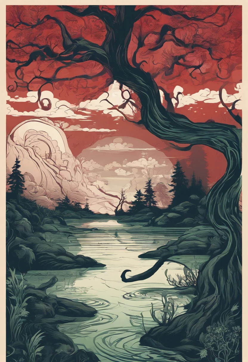 The dreaded Forget River under the red moonlight, A Naiho bridge, Haunting atmosphere, Mystical fog, Twisted tree roots, Creepy glowing mushrooms, Turbid green water, Mossy rocks, Surface ripples, Subtle moonlight reflections, The sinister silhouette of the devil, Sharp and dangerous features, Glowing red eyes, Ghostly pale skin, intricate tattoos, Vicious giggle,