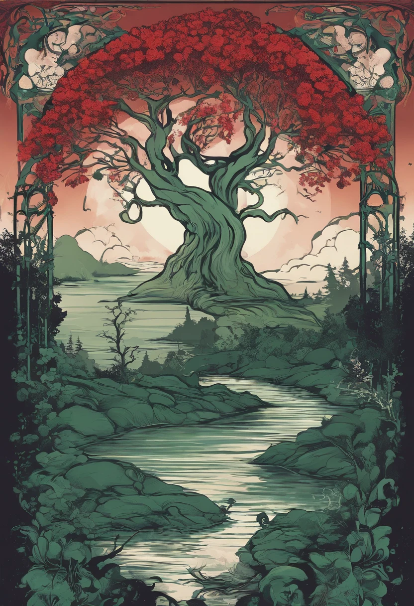 The dreaded Forget River under the red moonlight, A Naiho bridge, Haunting atmosphere, Mystical fog, Twisted tree roots, Creepy glowing mushrooms, Turbid green water, Mossy rocks, Surface ripples, Subtle moonlight reflections, The sinister silhouette of the devil, Sharp and dangerous features, Glowing red eyes, Ghostly pale skin, intricate tattoos, Vicious giggle,