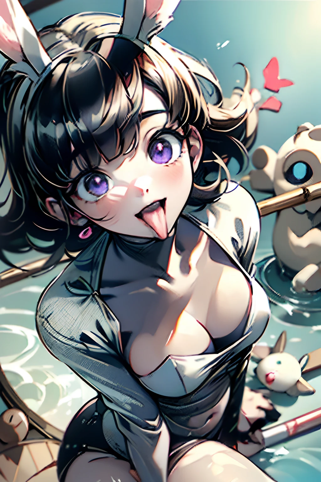 Rabbit Girl、Angle from top、Looking up at the camera、Close-up of the mouth、kawaii、Baby face、a purple eye、tongue、long tongue、((I have my mouth wide open、Show throat、Stick out the tongue))、Concentrate on the tongue、((Show the inside of the mouth))、A smile、Colossal tits、cleavage of the breast、The bikini、masterpiece、top-quality、Watercolor style、teak、