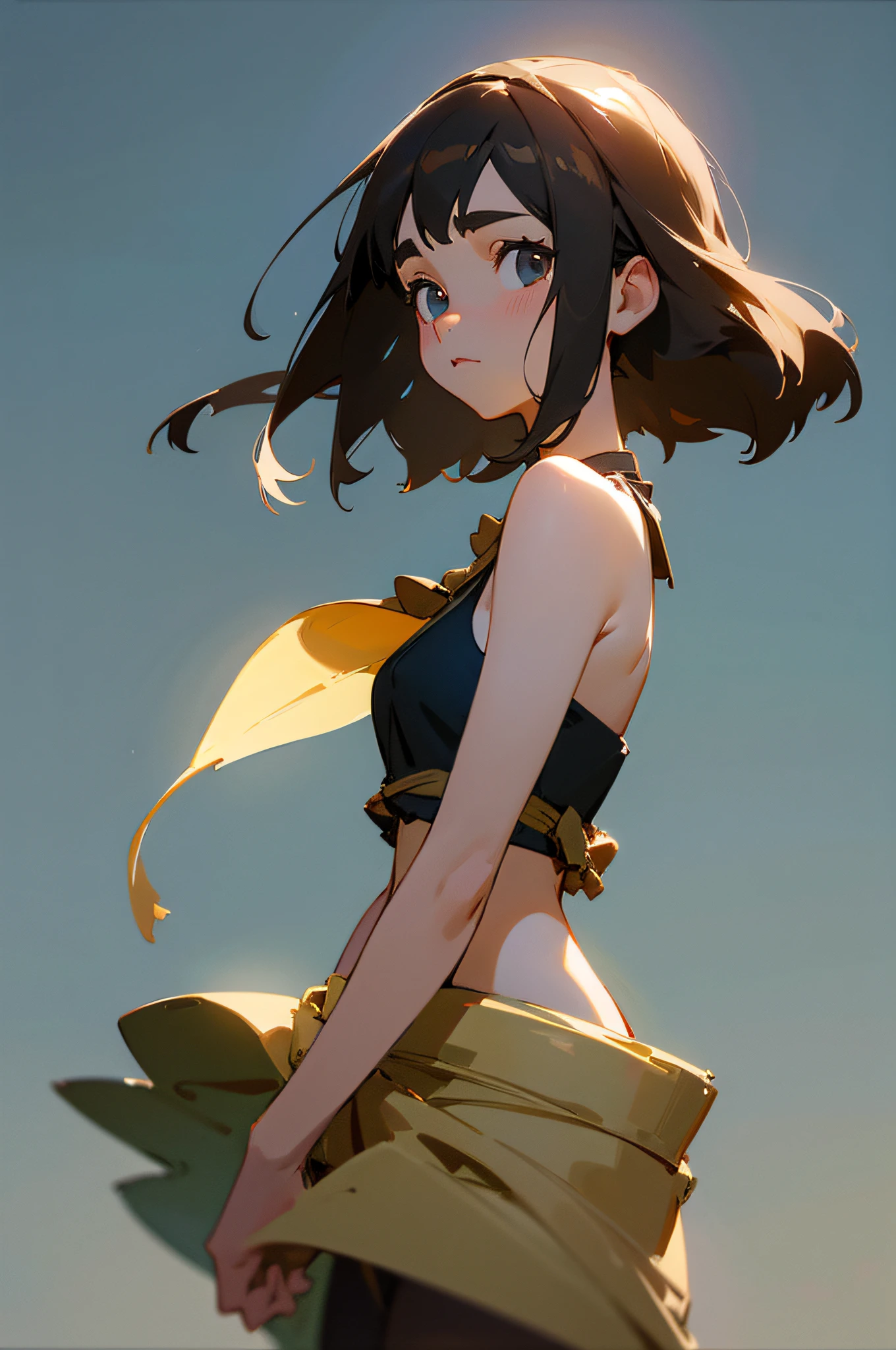 1girl, solo, , (dark skin:1.15), black hair, (long hair), ((hime cut, blunt bangs, blunt sidelocks)), messy hair, straight hair, flower over head, blue flower, yellow eyes, glowing eyes, egyptian clothes, white top, courtain top, navel, (pelvic courtain), old fashioned clothes, (small breasts), inexpressive, neutral, standing, arms behind back, looking at viewer, (upper body), (desert, sand, night, starry sky, scenery), masterpiece, best quality, 16