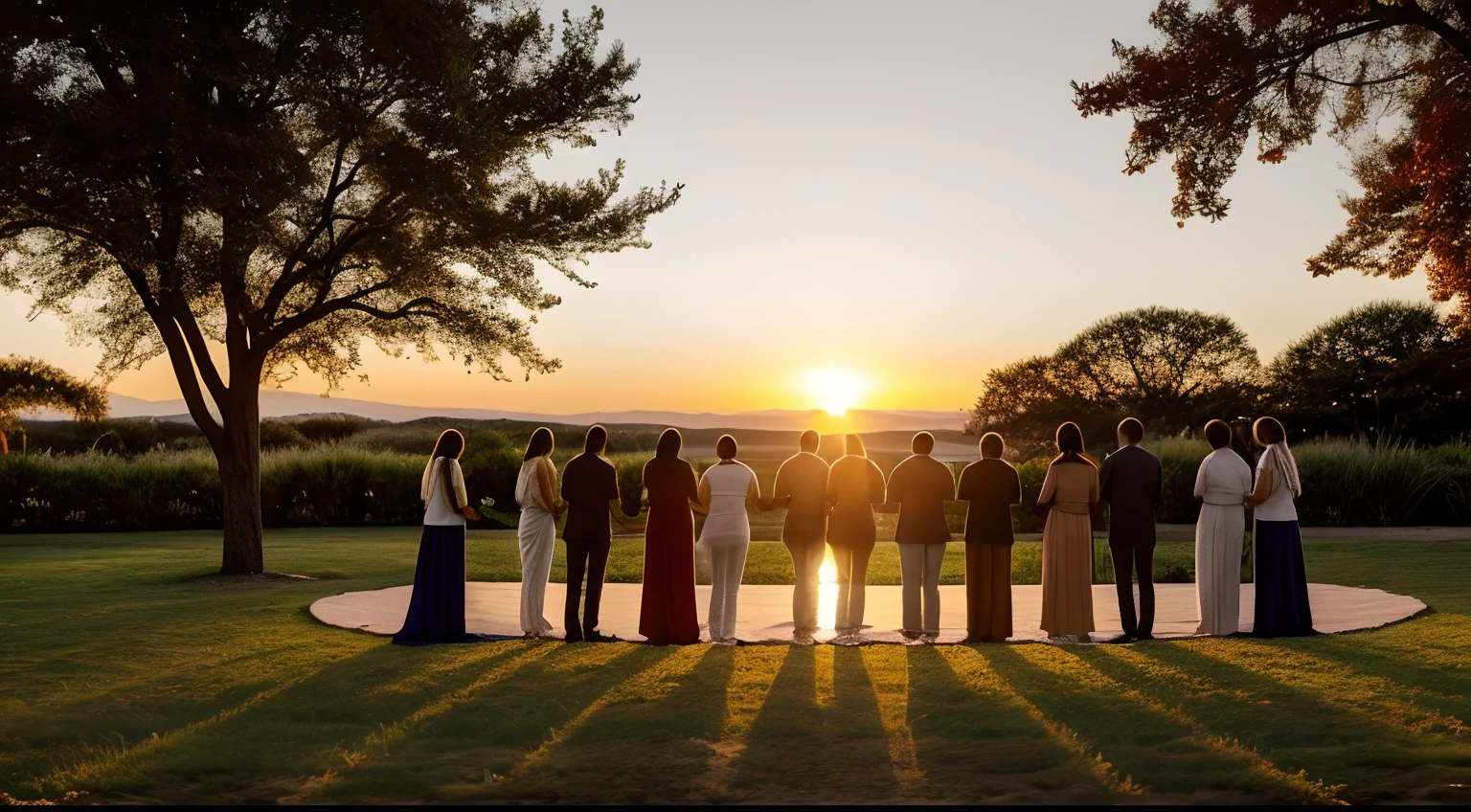 A serene and comforting scene of a group of people standing in a circle, holding hands and bowing their heads in prayer. Around them are elements that symbolize thanksgiving, such as fresh fruits, colorful flowers and symbols of gratitude. The setting can be outdoors, with a beautiful sunset illuminating the environment.