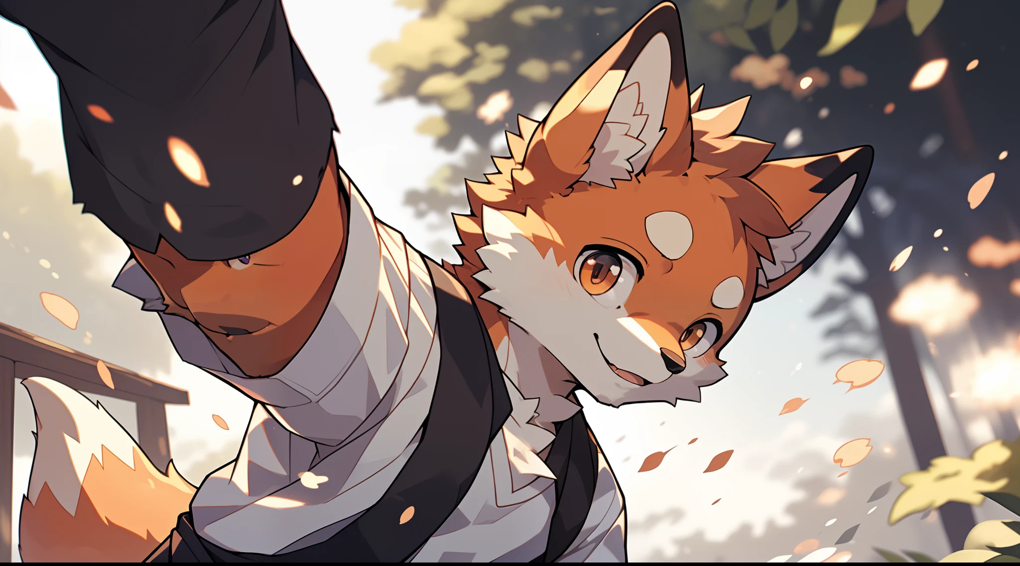 Masterpieces,official art,furry,male,shota,Anthropomorphic orange fox,brown face,Delicate eyes,white shirt, depth of field, perfect lighting, light particles,(best quality),(masterpiece),(ultra detailed),sharp focus,light particles